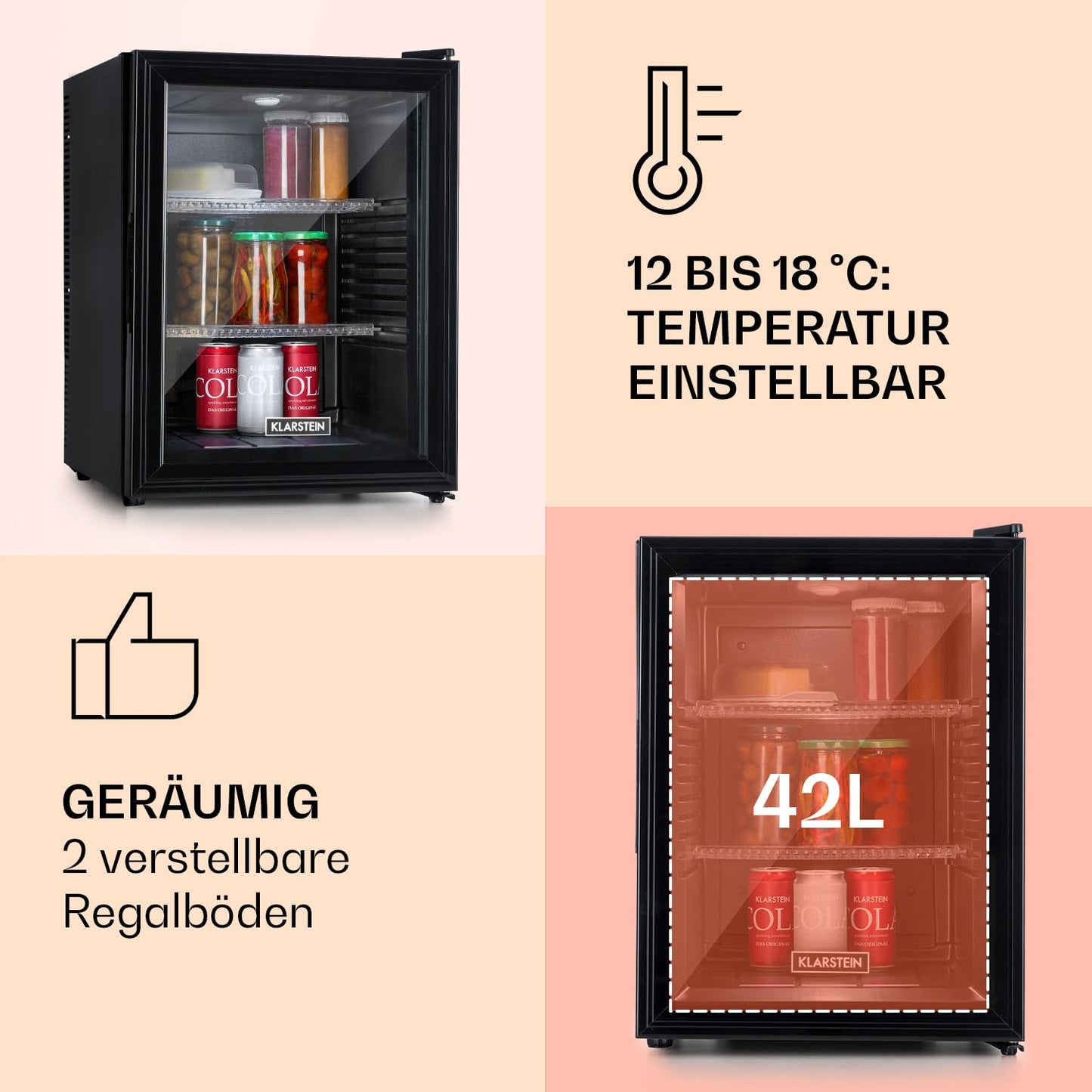 Klarstein Kühlschrank, Mini Kühlschrank mit Glastüre, Mini-Kühlschrank für Getränke, Snacks & Kosmetik, Kühlschrank Klein & Leise, Verstellbare Ablagen, Kleiner Skincare Kühlschrank 12-18°C, 23L