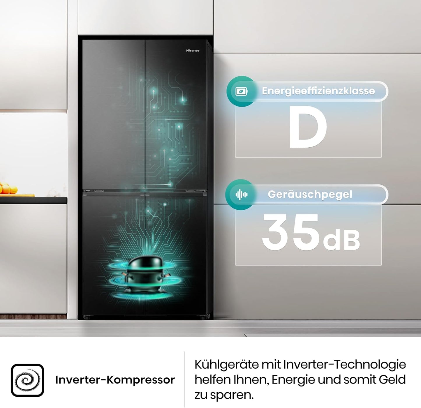 Hisense RQ5P470SAFD Cross-Door Fridge-Freezer, 304 Litre Fridge Compartment, 179 Litre Freezer, Total NoFrost, Wifi, Multi AirFlow, FastFreeze, Energy Efficiency Class D, 178.5 cm x 79.4 cm, Black