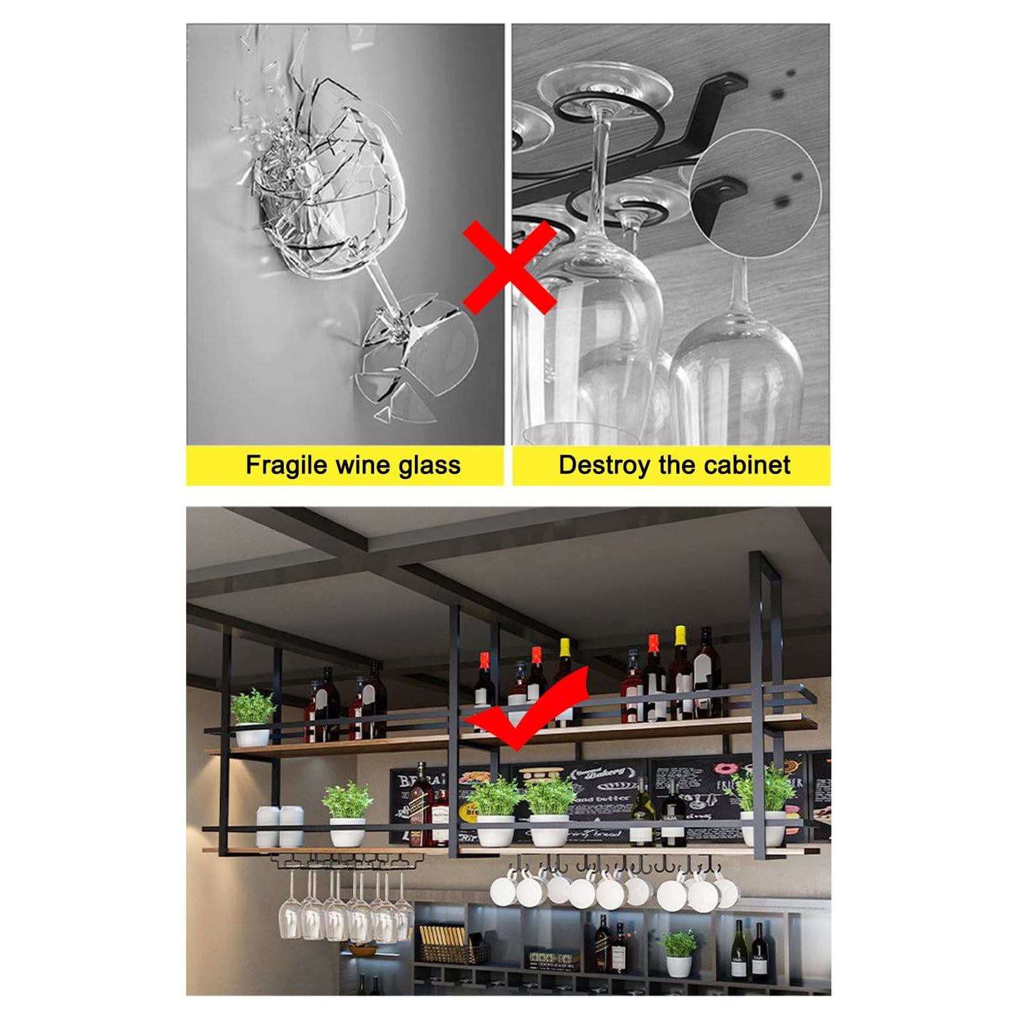 Ceiling Shelf Wine Rack - Ceiling Shelf Hanging Metal Wine Glass Rack, 2-Layer Industrial Hanging Wine Bottle Holder with Glass Shelf for Stemware, for Bar, Cafe, Kitchen (Black, 100 x 30 x 80 cm)