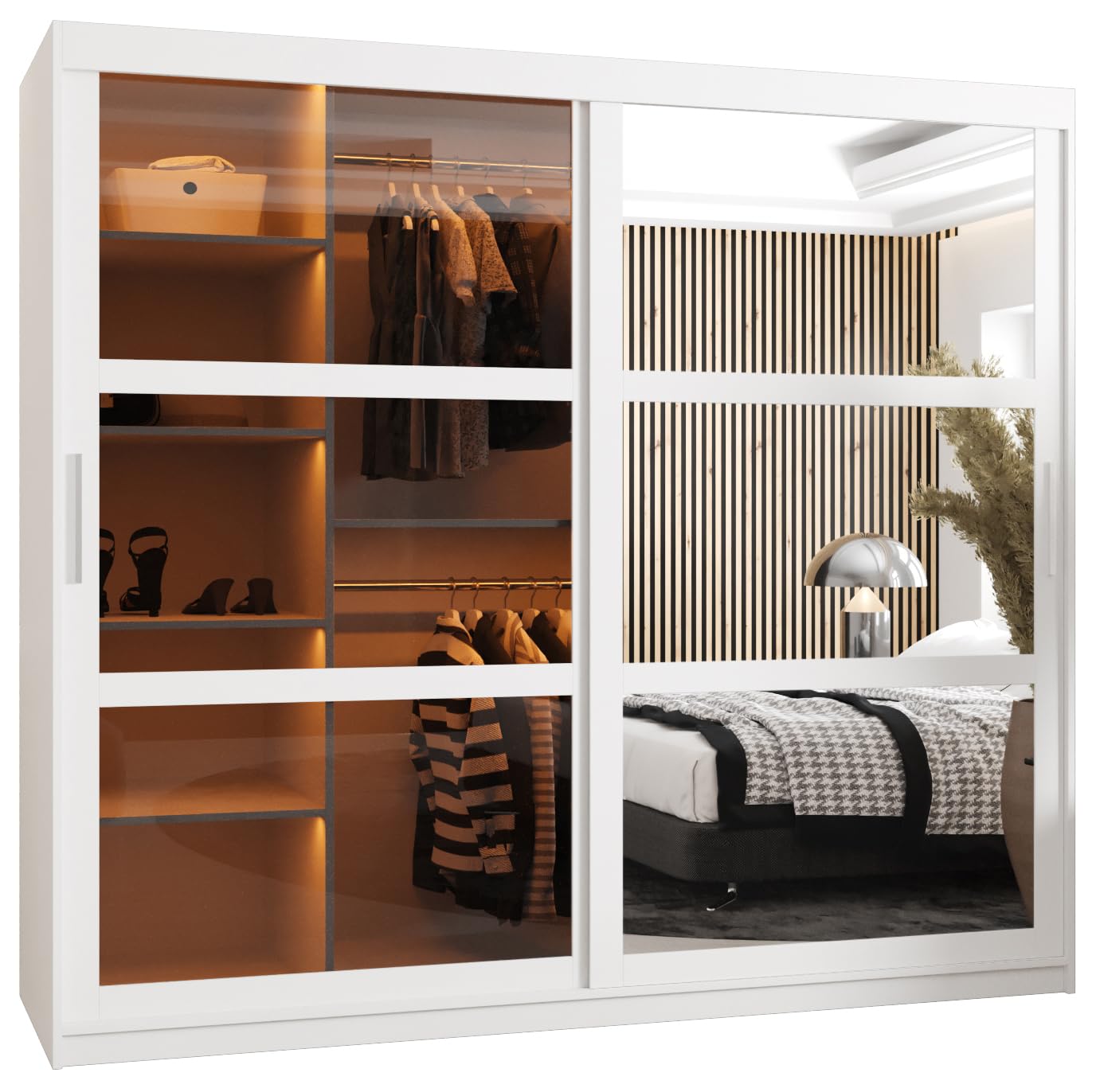 MEBLE KRYSPOL Dome 2 Schrank mit DREI Schiebetüren mit Spiegel, Stangen und Regalen - Aufbewahrungsschrank mit Rauchglas für Schlafzimmer, Wohnzimmer - 200x250x62cm - Schwarz, Schwarz, Schwarz