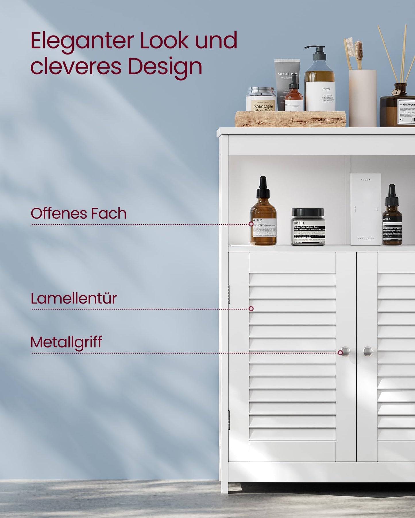 VASAGLE BBC40WT Wooden Bathroom Cupboard Organiser Shelf, Freestanding with 2 Slat Doors, White