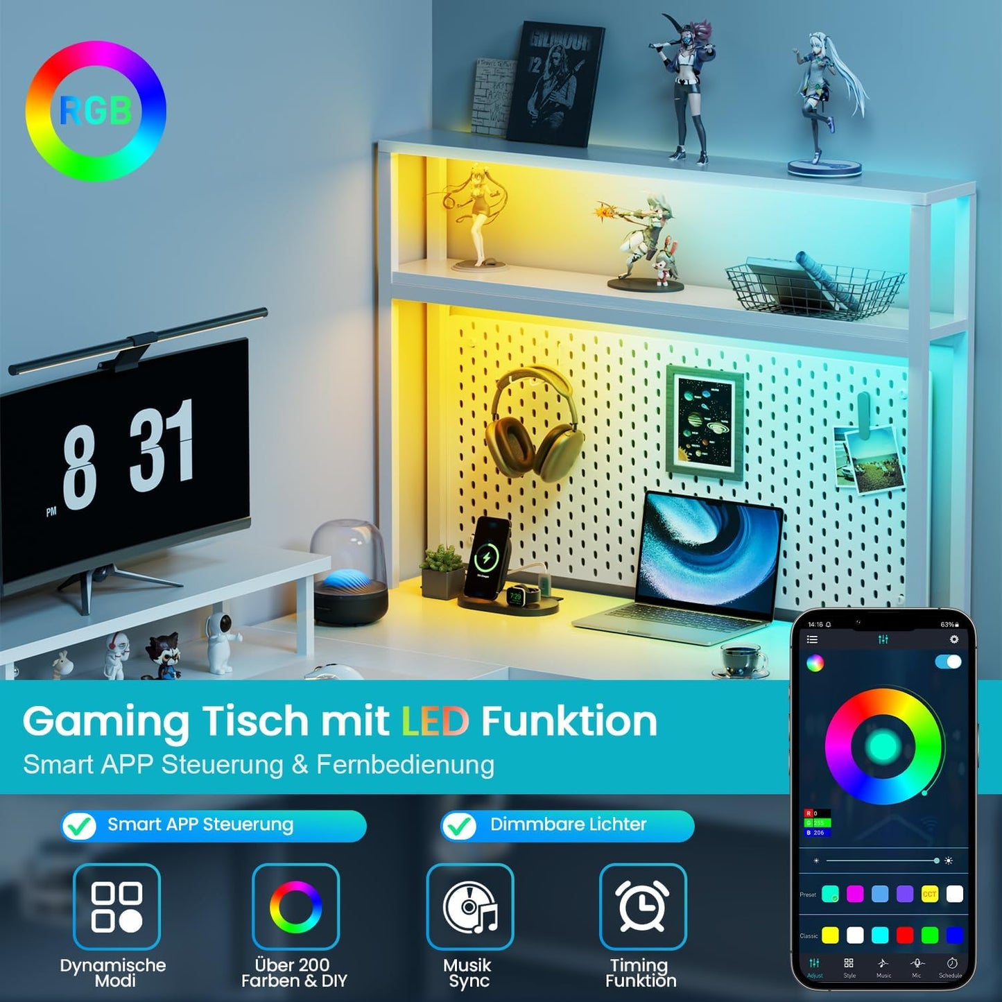 HLONONE Gaming Table with LED, 150 x 100 cm Gaming Desk, L Shape with 3 Sockets and 2 USB, Reversible Corner Desk, PC Corner Table, Computer Desk with Monitor Stand and Countertop Shelf, Black