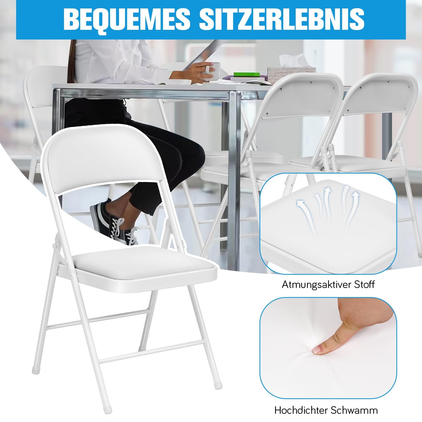 Asdsed Klappstuhl 4er Set, Klappstühle Gepolstert, Klappstuhl bis 158KG Gepolstert mit Starker Stahlrahmen, Faltbarer Klappstühle Platzsparender Schreibtischstuhl für Haus Büro Garten Balkon Party