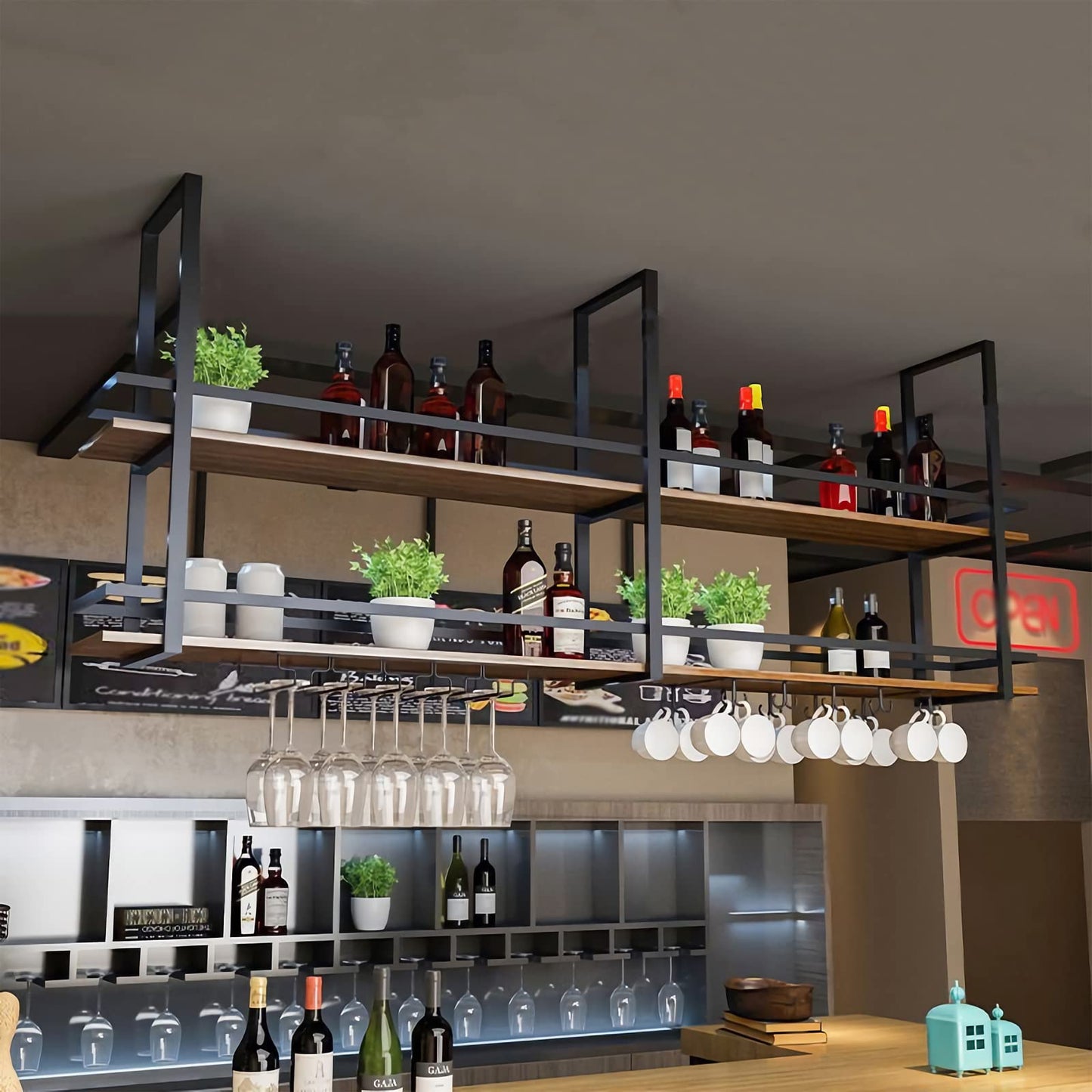 KEPMOGOH Deckenregal Weinregal mit Glashalter, Schwebendes Hängeregal 2-Lagiger Industrieller Hängender Weinflaschenhalter, Schwarzes Metall-Deckenregal für Bar-Café-Küche (Schwarz, 160×30×80cm)