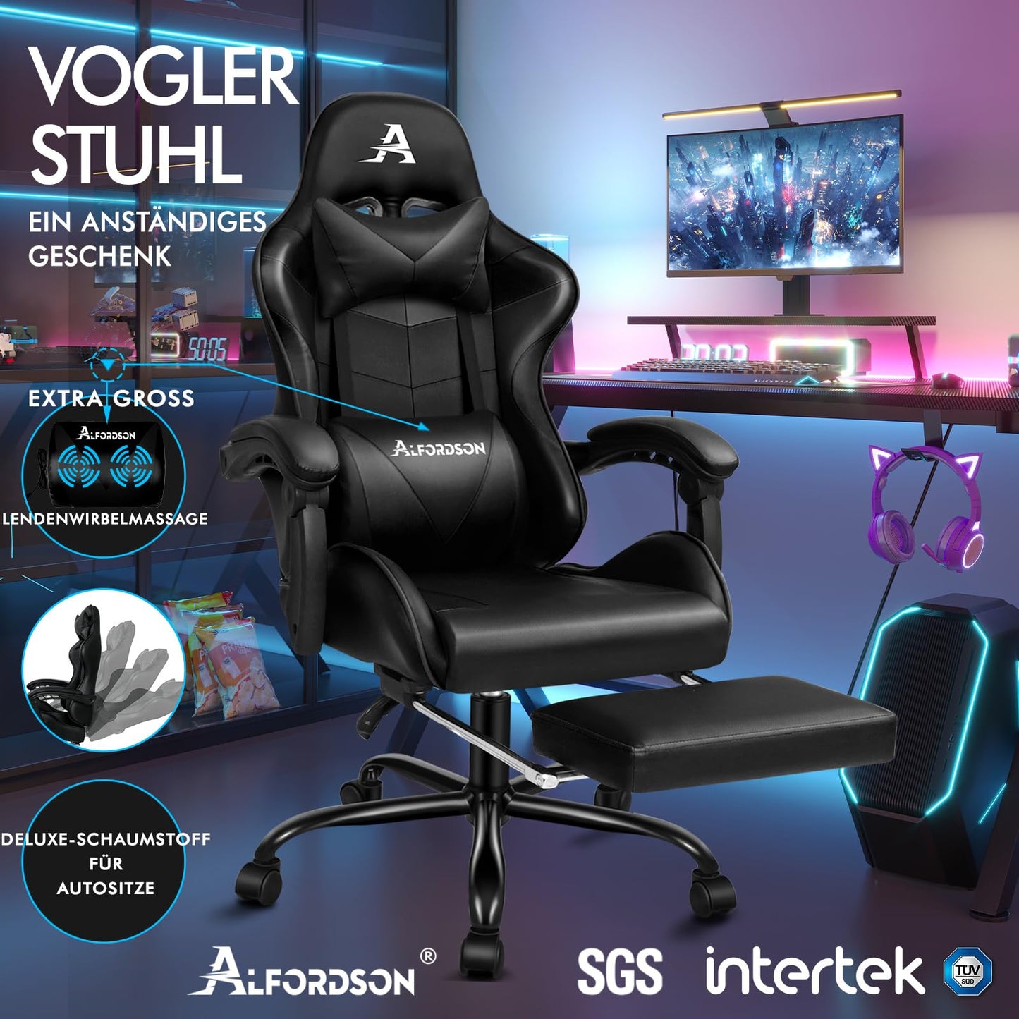 ALFORDSON Videospielstuhl, ergonomischer Bürostuhl, Massage-Rennstuhl, einziehbare Fußstütze, PU-Leder, höhenverstellbar und neigbar, 180 kg Tragkraft, Schwarz