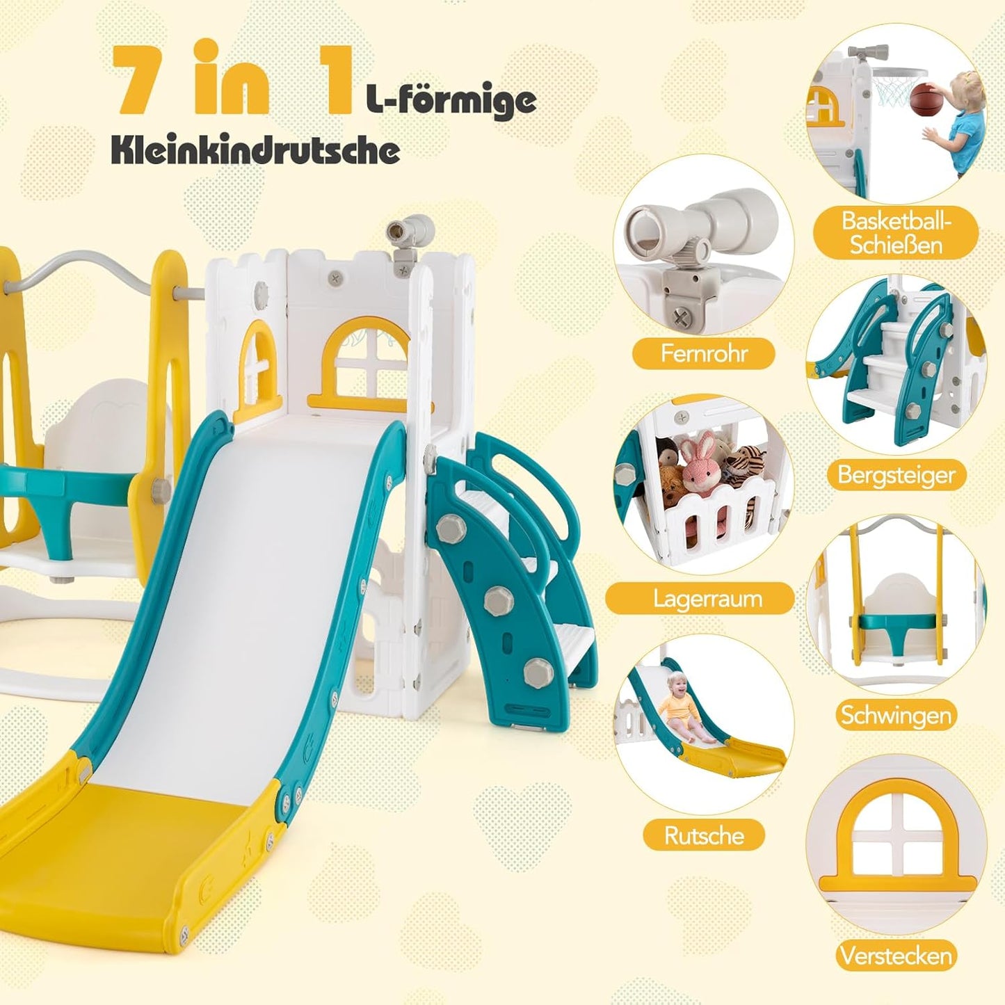 GOPLUS 7 in 1 Kinderrutsche, Kinderrutsche und Kletterspielset mit Leiter, Basketballkorb, Schaukel, Teleskop, Stauraum & rutschfeste Pedale, Indoor Spielplatz für Kinder von 1-3 Jahren (Gelb+Grün)