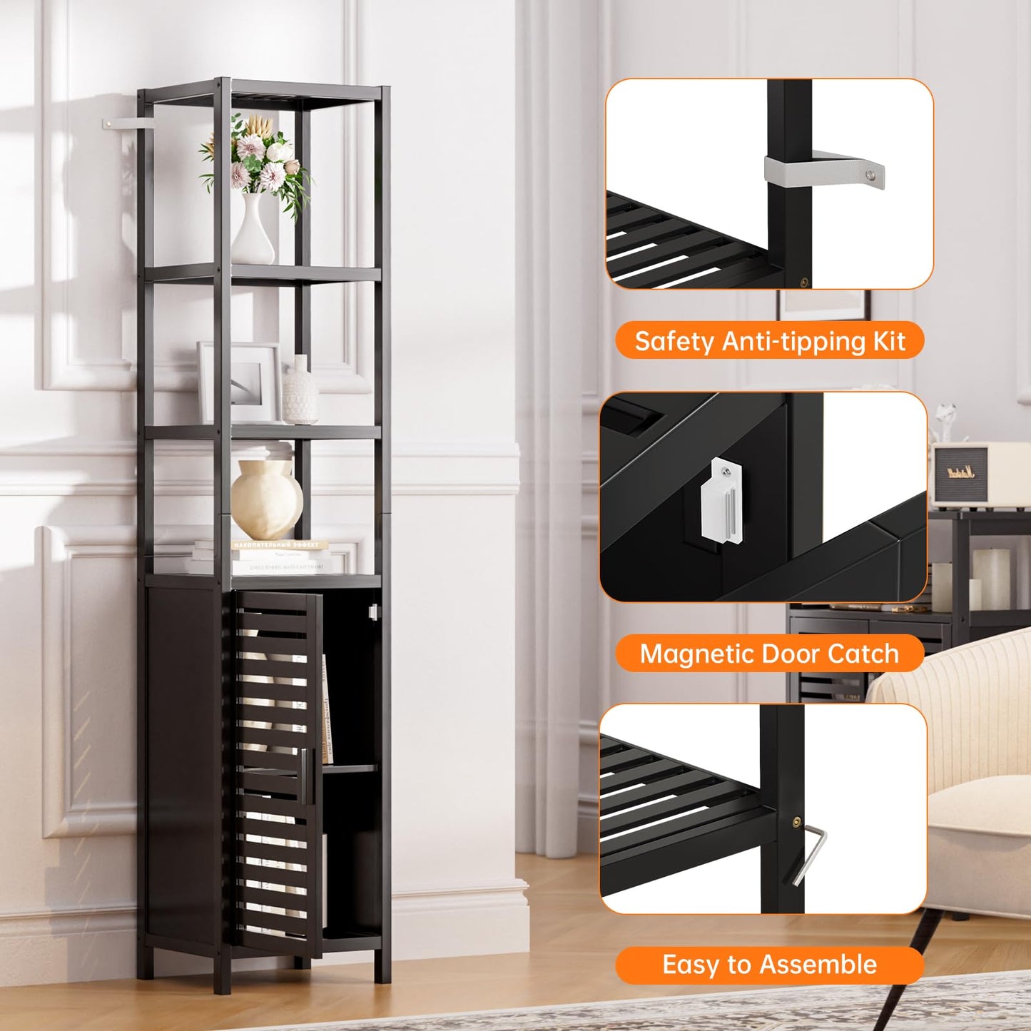 HITNET Bathroom Cabinet Bamboo Black Bathroom Cabinet Tall Cabinet Narrow Freestanding Floor Standing with Open Shelf and Single Door