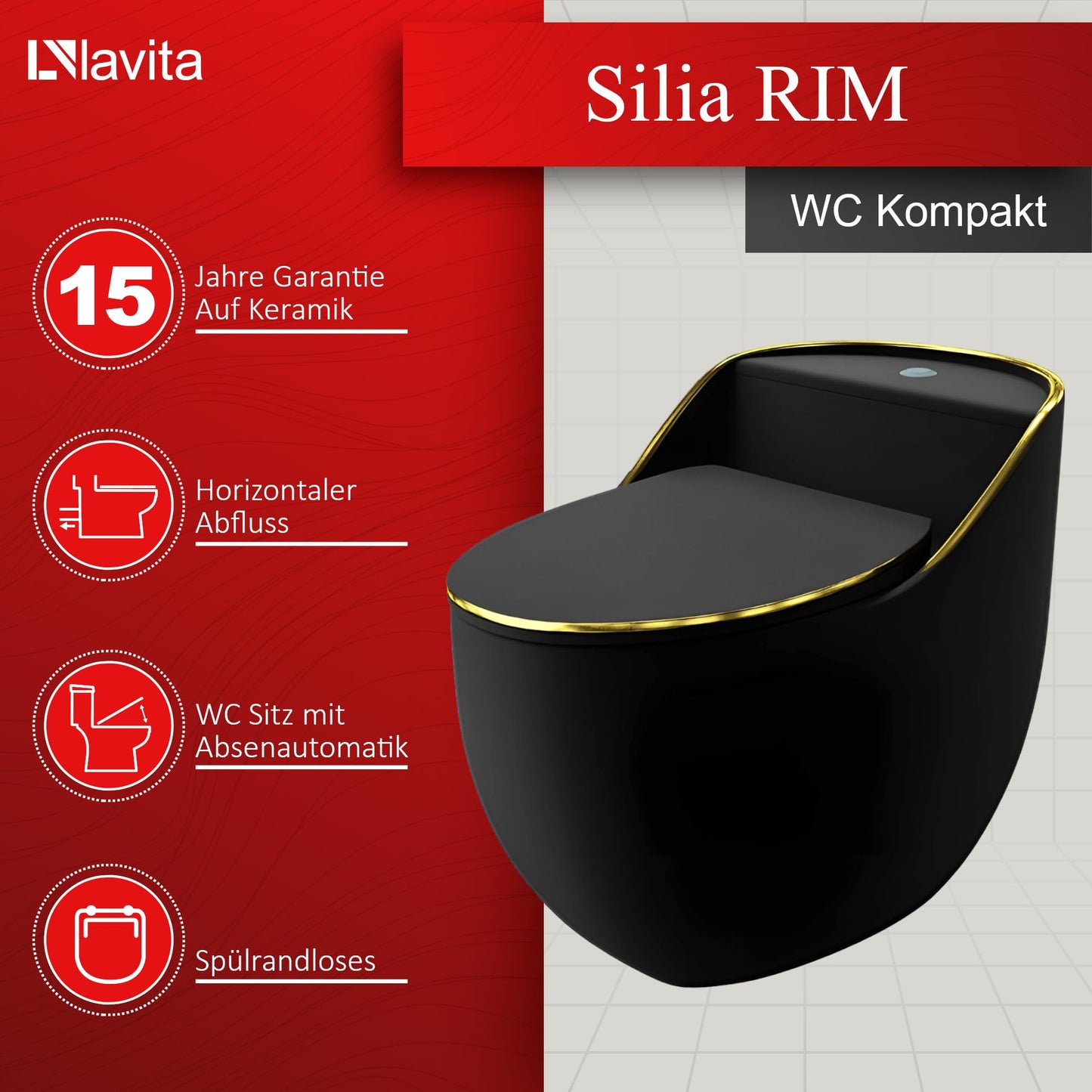 LAVITA Einteilige Stand-WC Mit Eingebautem Spülkasten SILIA RIM BLACK/GOLD LINE | Deckel Mit Absenkautomatik | Keramik Toilette Spülrandlos | Toilettenbecken Stehend + Anschlussstück