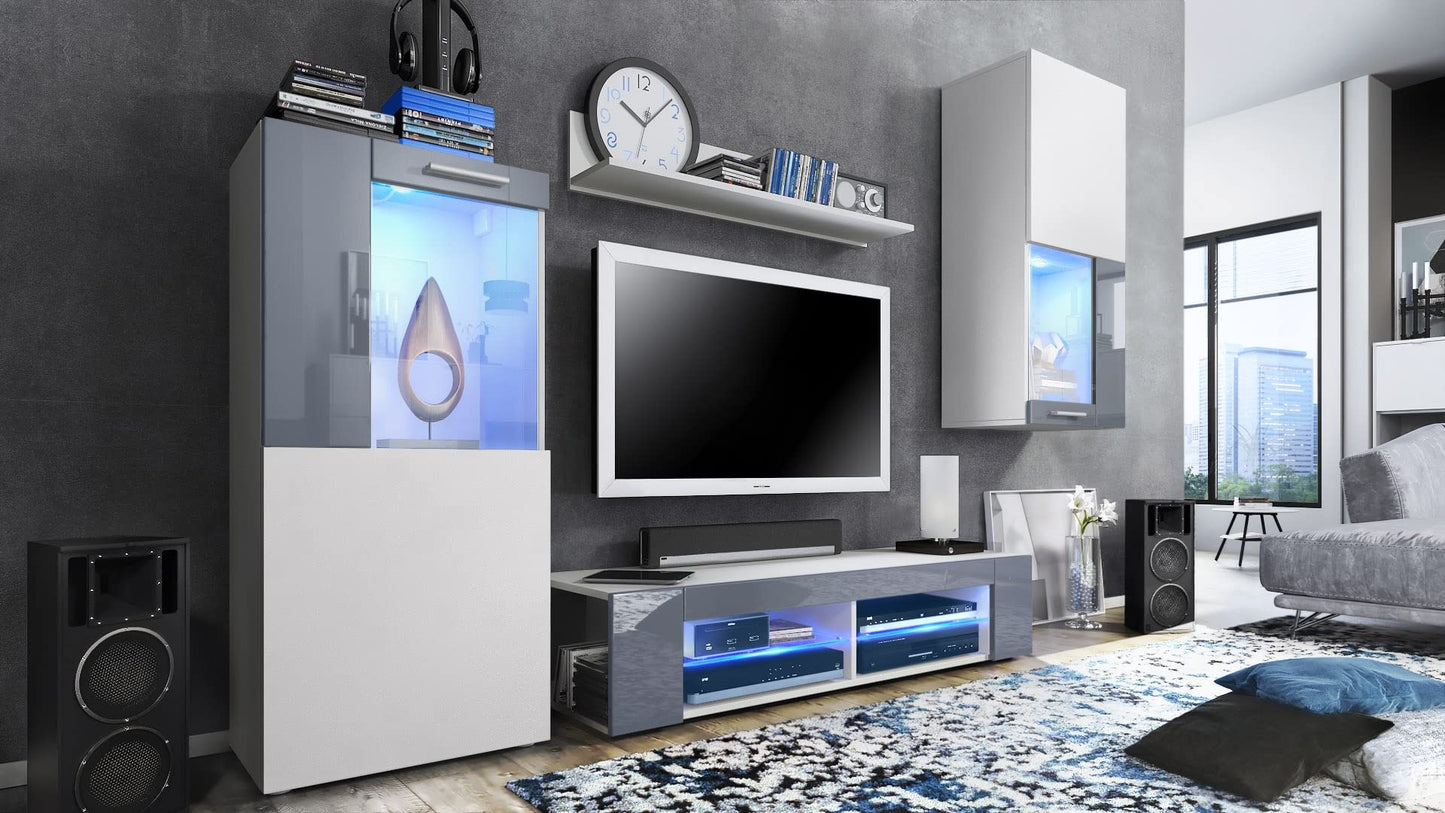 Vladon Wohnwand Movie, Anbauwand bestehend aus 1 TV-Board, 2 Vitrinen und 1 Regal, Weiß matt/Weiß matt/Weiß Hochglanz (Gesamt: 300 x 190 x 39 cm)