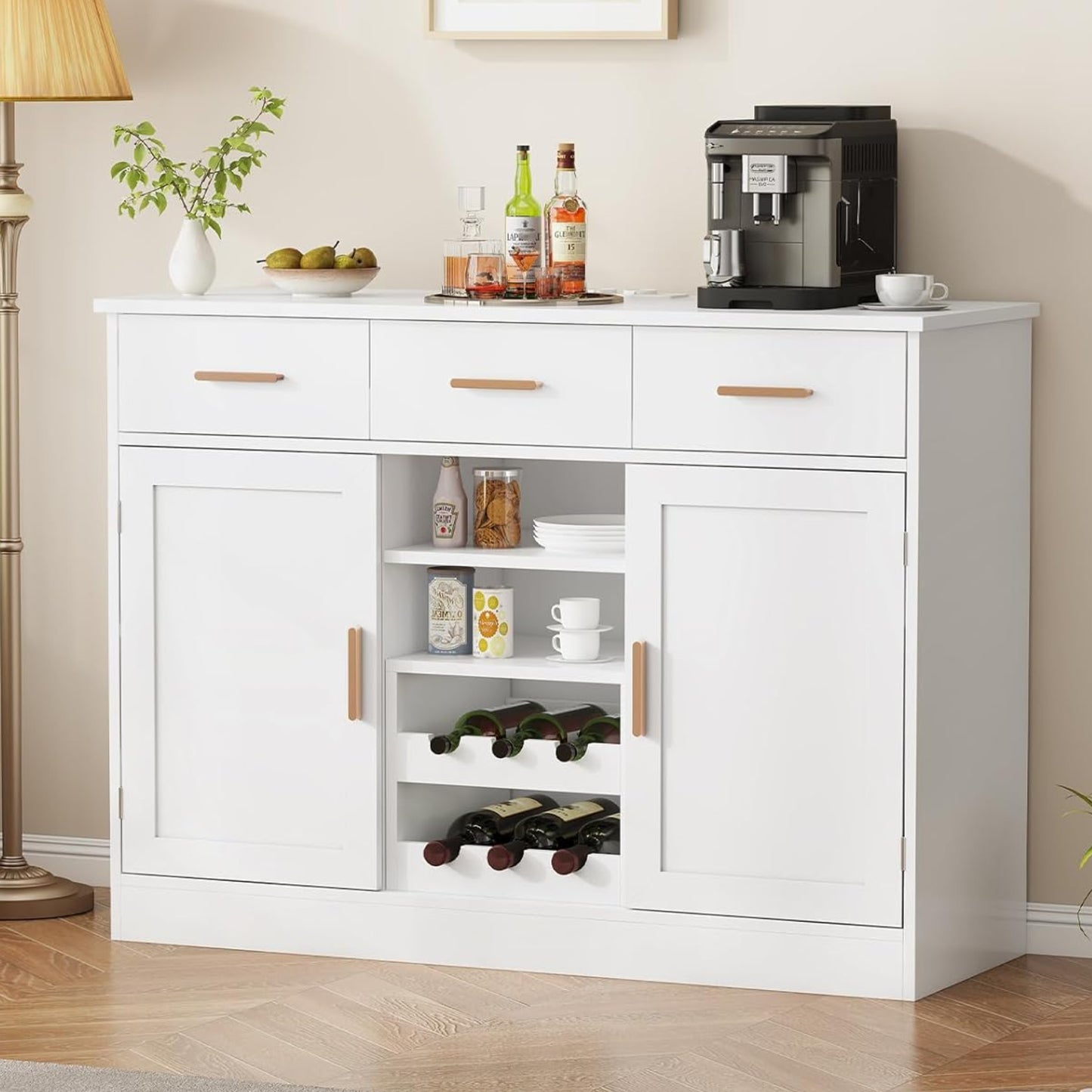 Küchenschrank mit Arbeitsfläche, Buffetschrank mit 3 Schubladen, Sideboard mit Steckdose, Flexibles Weinregal, Seitliches Ablagefach, Verstellbare Ablagen, Küche, Esszimmer, 40X107X80 cm, Weiß