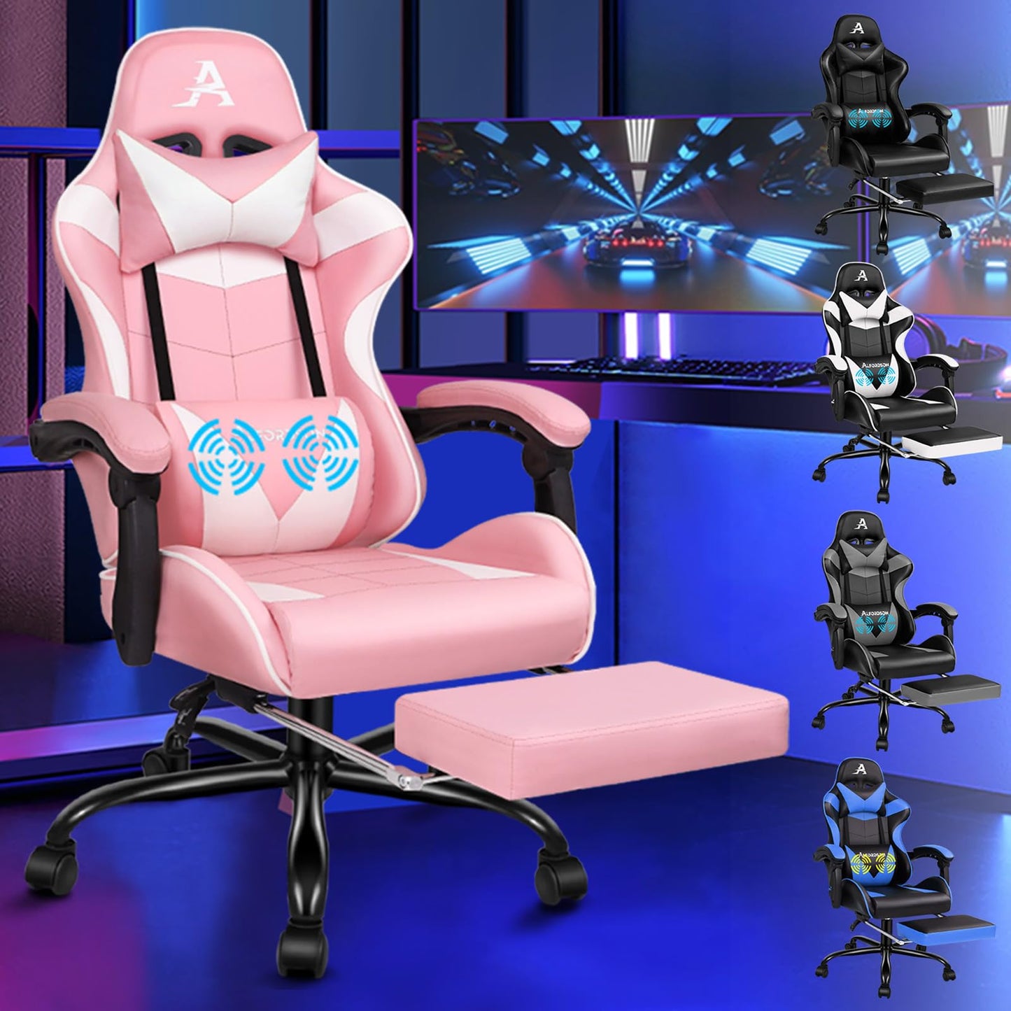 ALFORDSON Videospielstuhl, ergonomischer Bürostuhl, Massage-Rennstuhl, einziehbare Fußstütze, PU-Leder, höhenverstellbar und neigbar, 180 kg Tragkraft, Schwarz