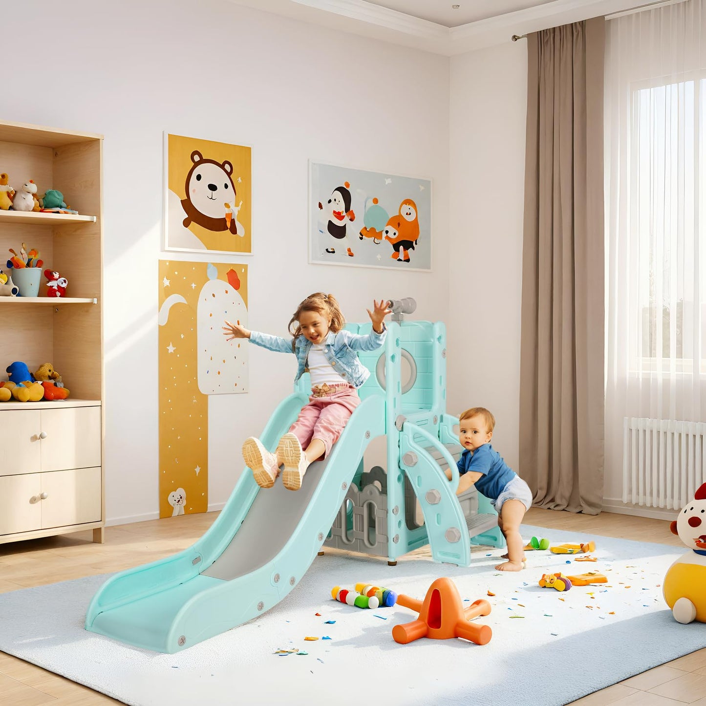 Kinderrutsche, für 1-3 Jahre, Indoor & Outdoor Rutsche ab 1 Jahre, Freistehende Rutsche mit Stauraum & Spielteleskope, Gartenrutsche, Kinder Spielplatz, mit 2PCS Moduls, Grün Grau