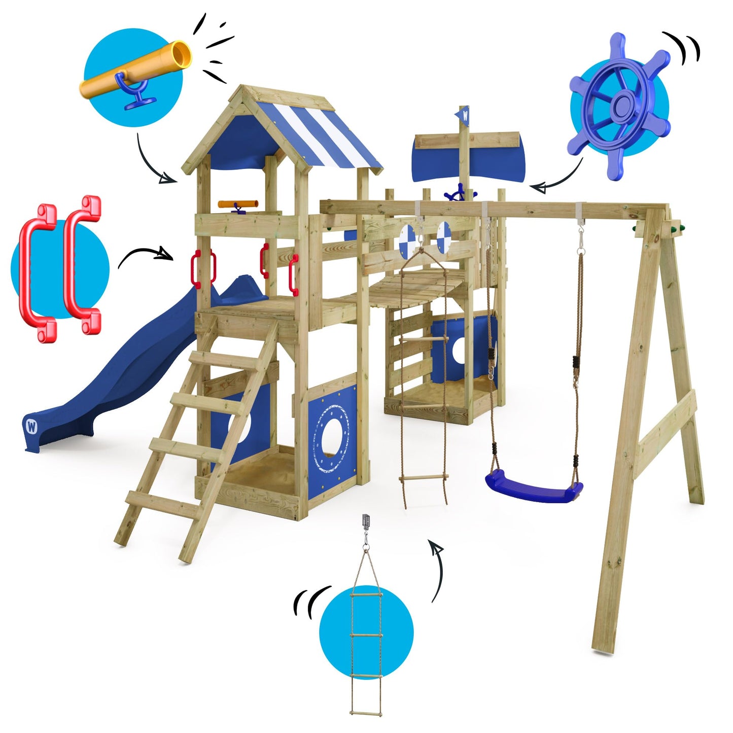 WICKEY Spielturm Klettergerüst StormFlyer mit Schaukel & roter Rutsche, Outdoor Kinder Kletterturm mit Sandkasten, Leiter & Spiel-Zubehör für den Garten