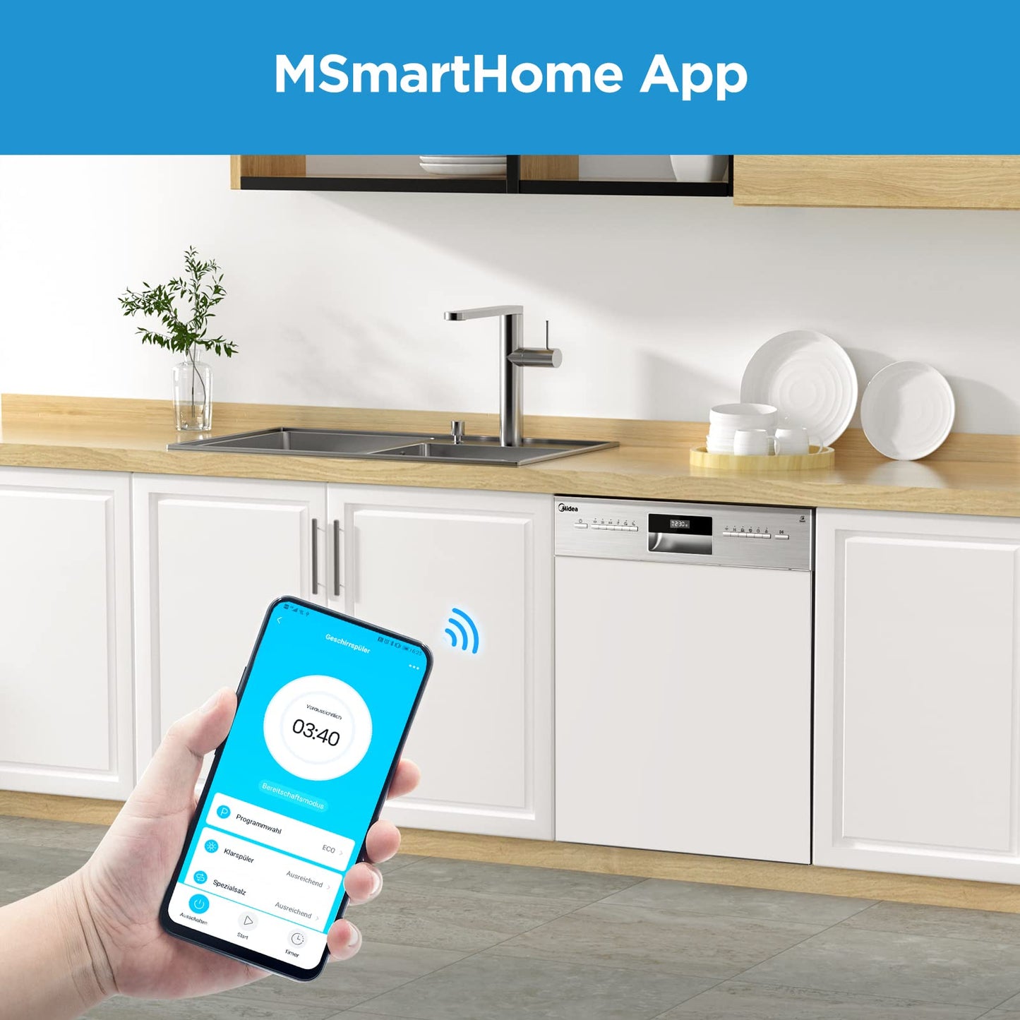 Midea MDWEU1435XSS-W Dishwasher, Integrated, 14 Place Settings, 60 cm, Partially Integrated with WiFi, Extra Drying, 7 Programmes, 47 dB, 0-24 Hours Start Time Delay, Stainless Steel