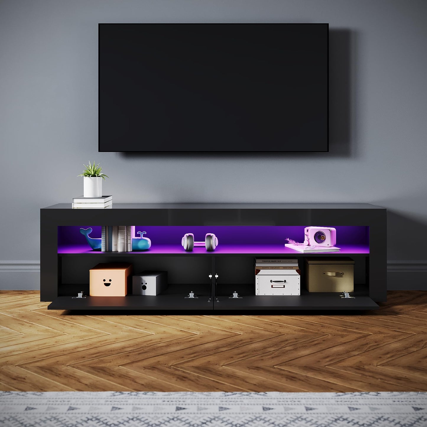 SONNI Modern TV Cabinet 180 cm, Lowboard High Gloss White with 16 Colours LED Lighting, Drawer, Open Glass Shelves, TV Stand for TVs up to 65 Inches, Living Room & Bedroom, 180 x 35 x 45 cm