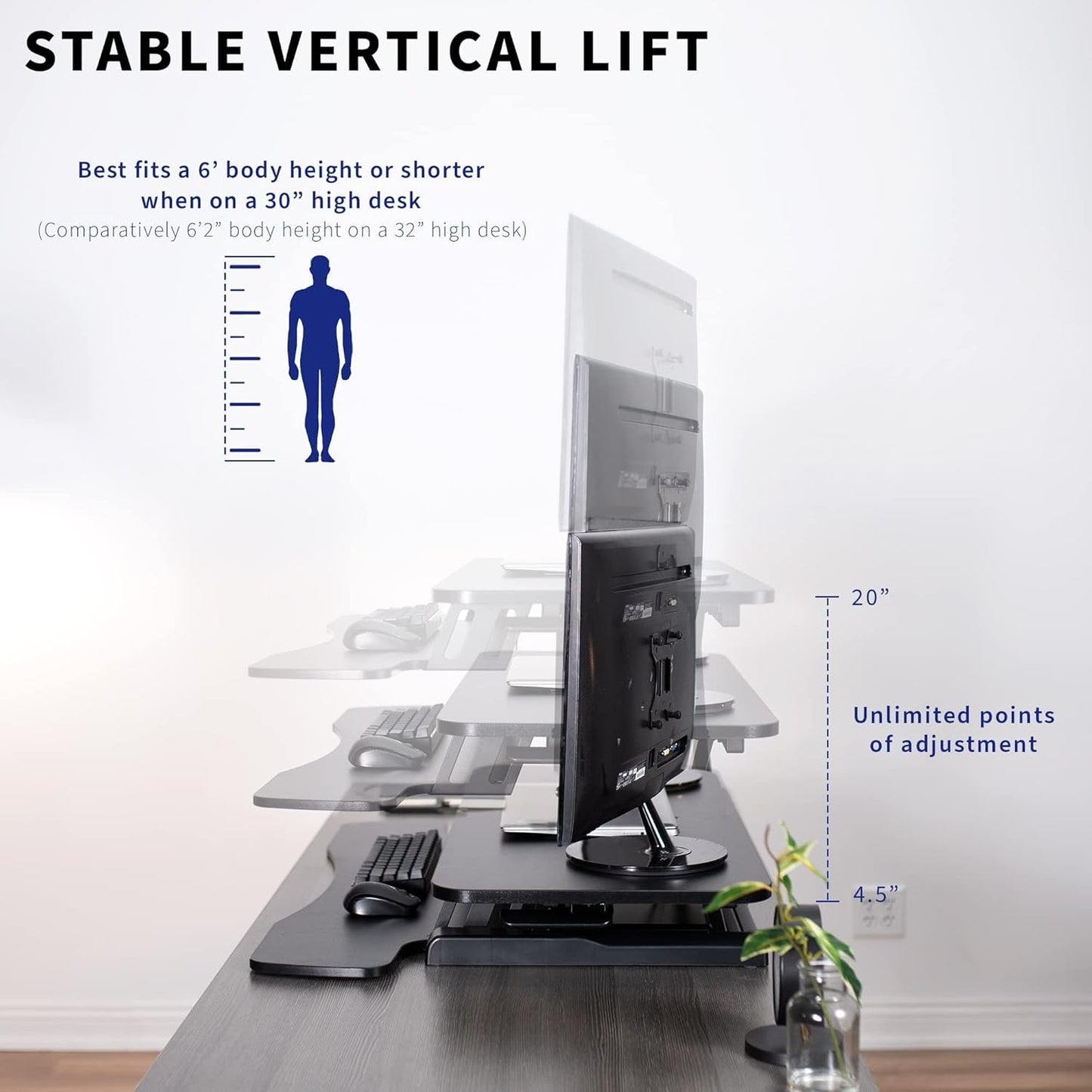 VIVO 32” Stehpult-Konverter mit höhenverstellbarem Aufsatz, Steh-Sitz-Arbeitsplatz für zwei Monitore und Laptop, mit breiter Tastaturablage, Schwarz, DESK-V000K
