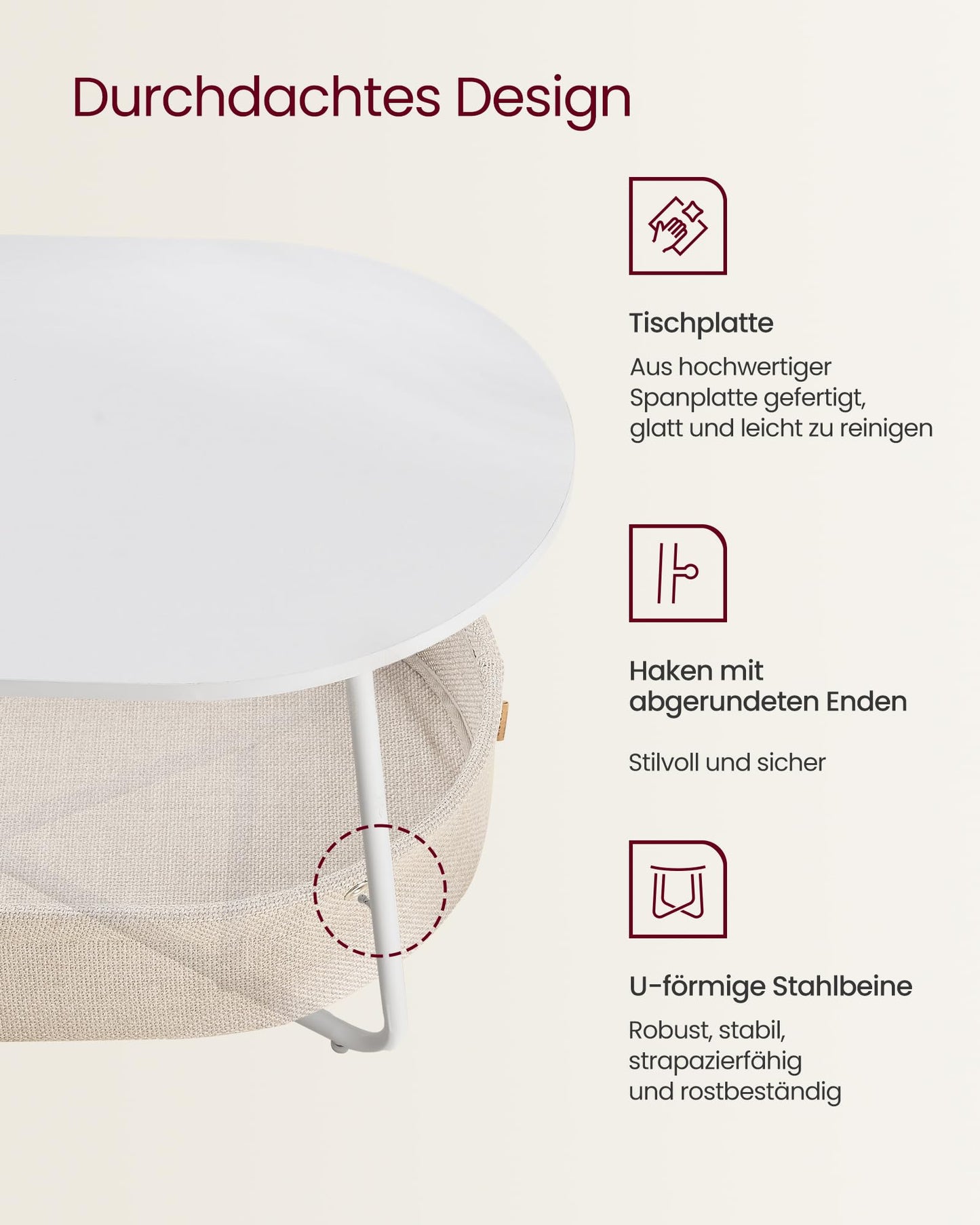 VASAGLE LCT244W10 Round Coffee Table with Storage Space Side Table Living Room Table with Fabric Basket Modern Metal Frame Matt White Camel Brown