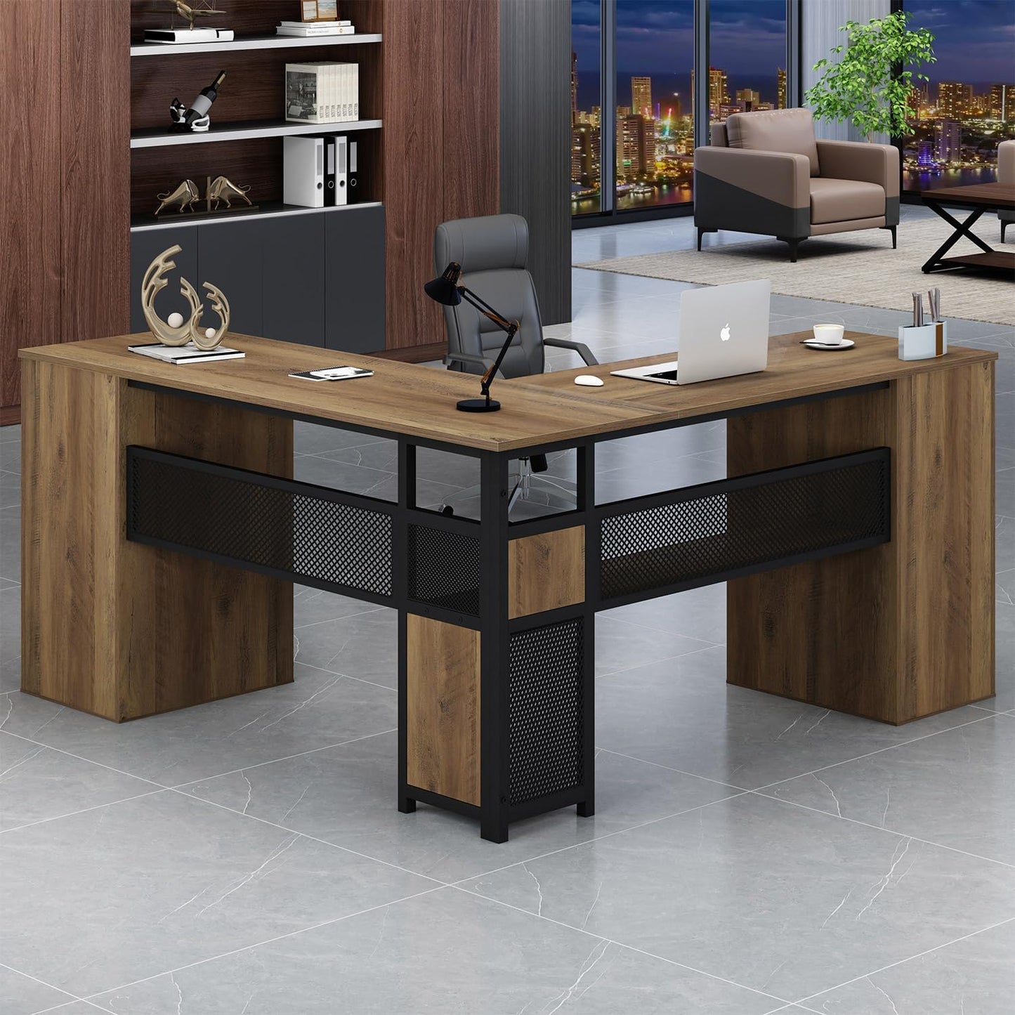 HSH - Black L Shape Corner Desk with Filing Drawers and Shelves, Reversible Corner Desk Made of Metal and Wood with Storage Cabinets