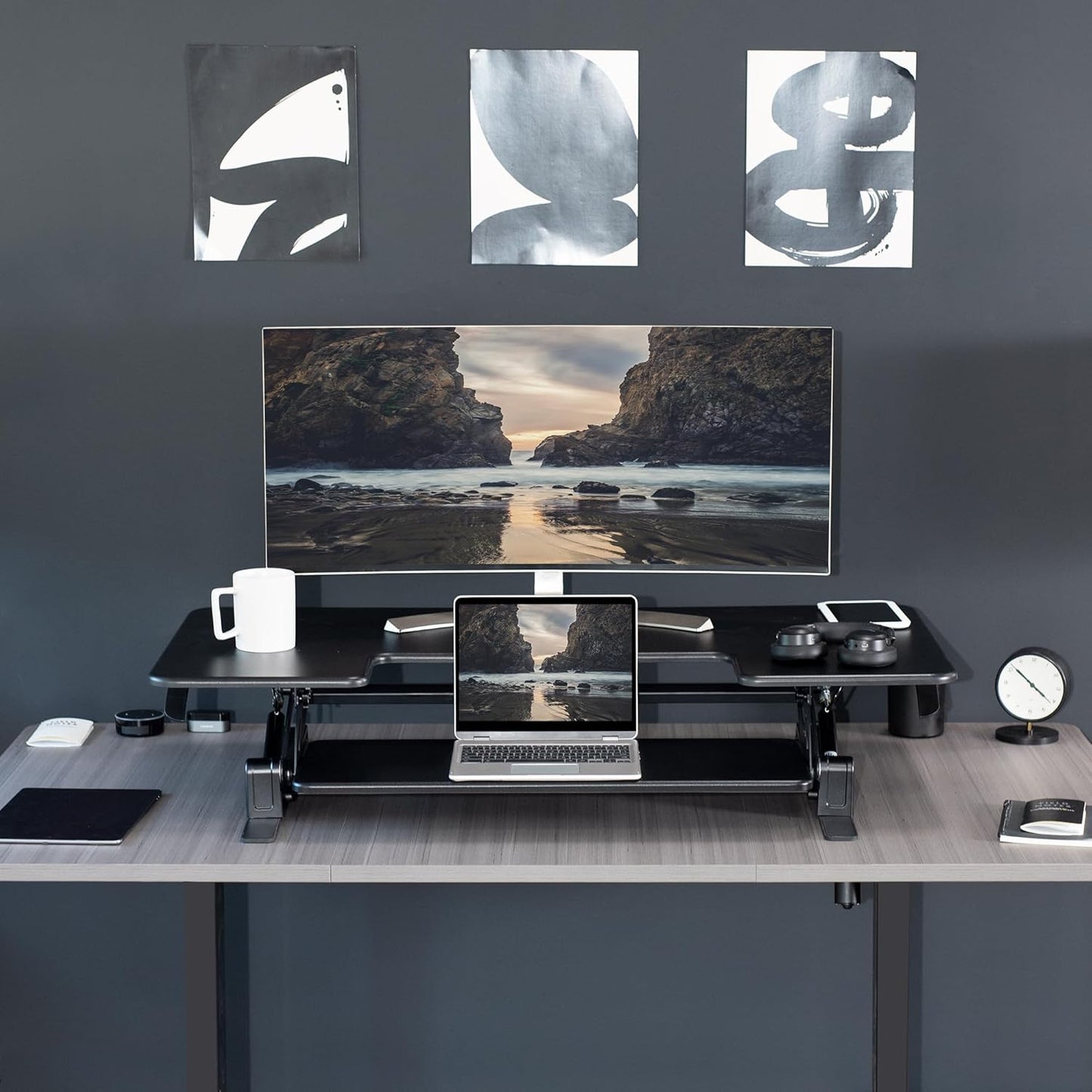 VIVO Black Height Adjustable 36 inch Stand up Desk Converter Quick Sit to Stand Tabletop Dual Monitor Riser, DESK-V000V