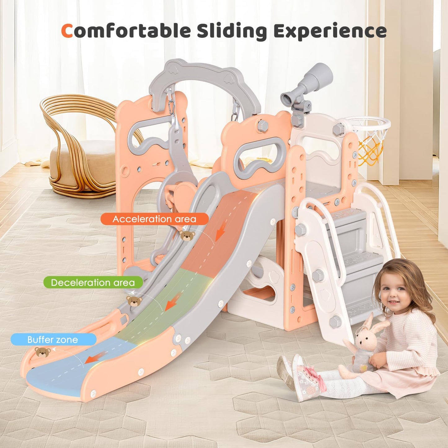 Krovtoy Kleinkindrutsche mit Weihnachtselch-Motiv, freistehende Kleinkindrutsche mit Golf-Set, Babyrutsche, Spielplatzgerät, für den Innen- und Außenbereich (Grau Beige - 6 in 1)