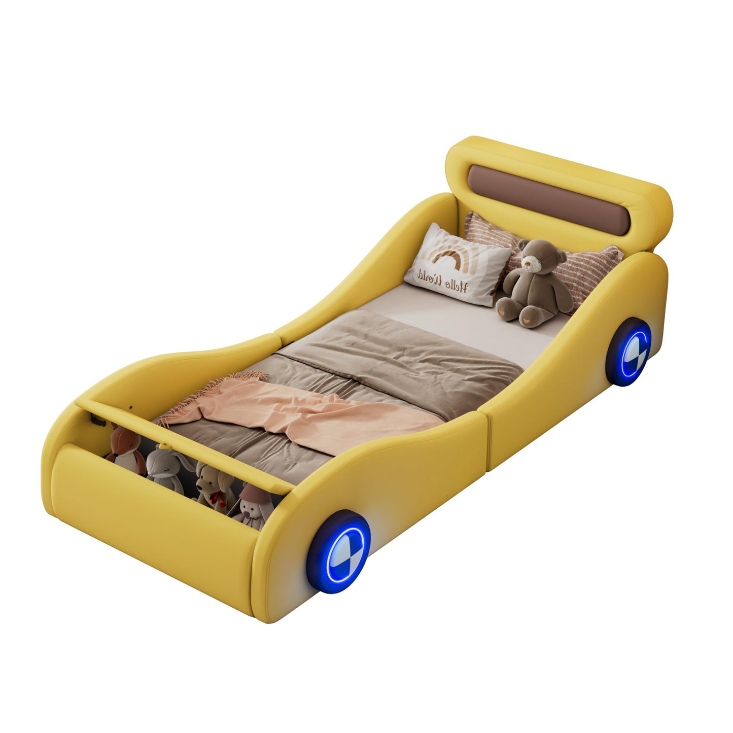 Autobett Kinderbett Jugendbett 90x200, Polsterbett Einzelbett mit leuchtenden Rädern&Stauraum, Aufregendes Auto Kinderbett für kleine Rennfahrer, Kinder Spielbett mit Lattenrost, PU,Ohne Matratze,Weiß