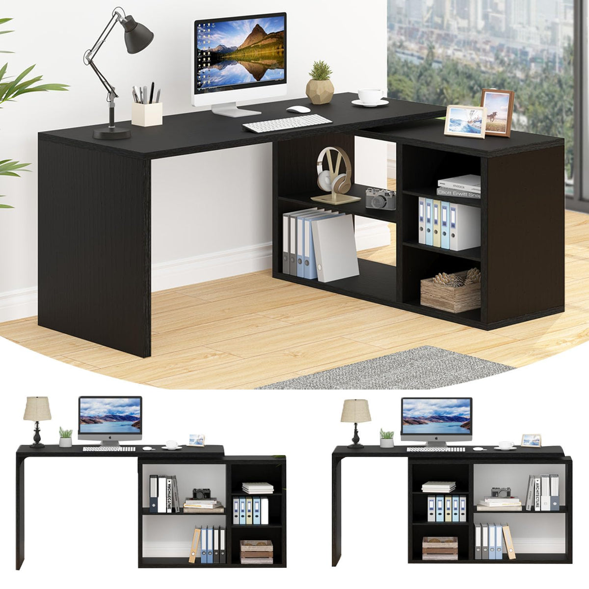 HSH Desk L Shape with Storage Space Corner Desk for Home Office Industrial Computer Desk Office Table Wood Design PC Table for Office Study Vintage Grey 140 cm