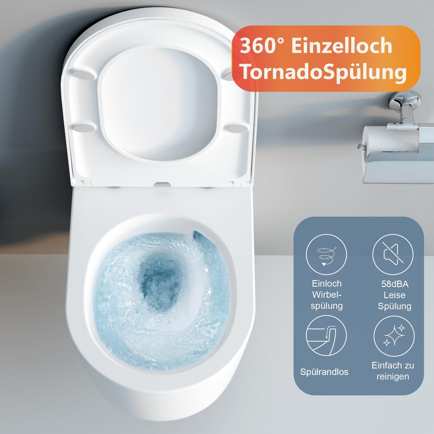UDiseño Wall Toilet Rimless Toilet, 360° Superspin Flush Hanging Toilet, Raised Complete Set, D Shape, Low Noise Tornado Toilet Flush, UF Lid Seat with Soft-Close Mechanism, 52.5 cm Long, White