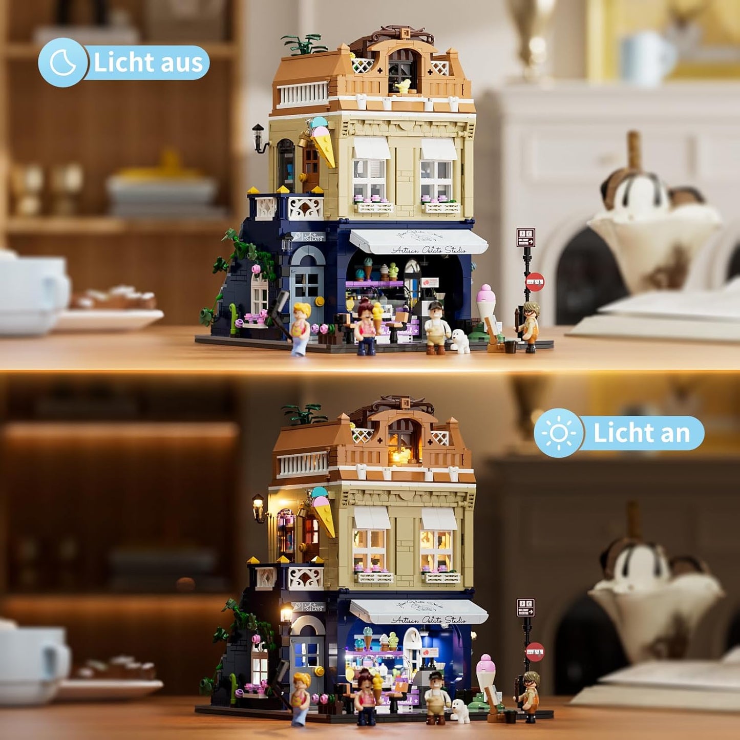 FUNWHOLE Stadtleben Eisdiele Klemmbausteine Haus,Modular Building mit Beleuchtung,F9078,Gelato Store