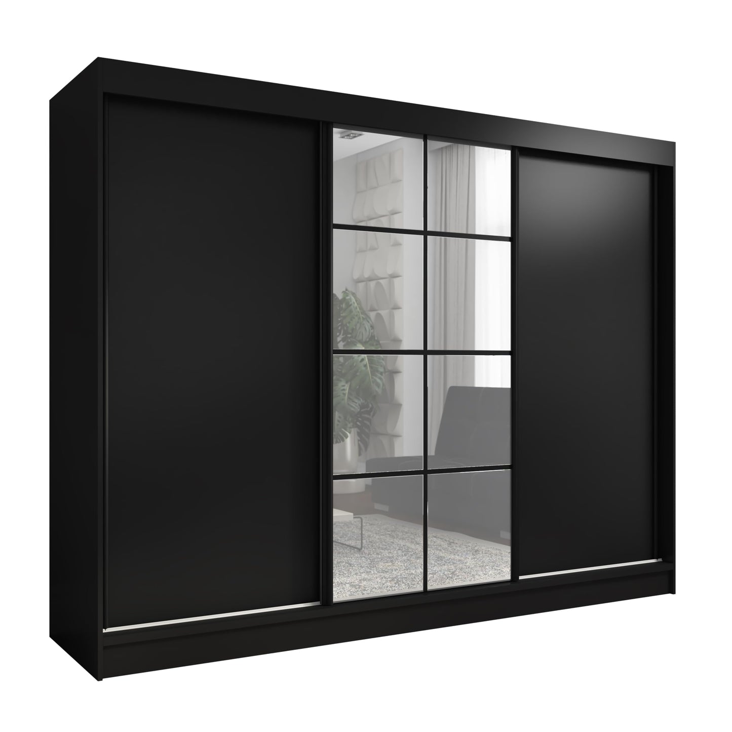 A&J MöbelLand Oravelle Sliding Door Wardrobe 3 Doors with Drawers and Mirror 200 cm (Black)