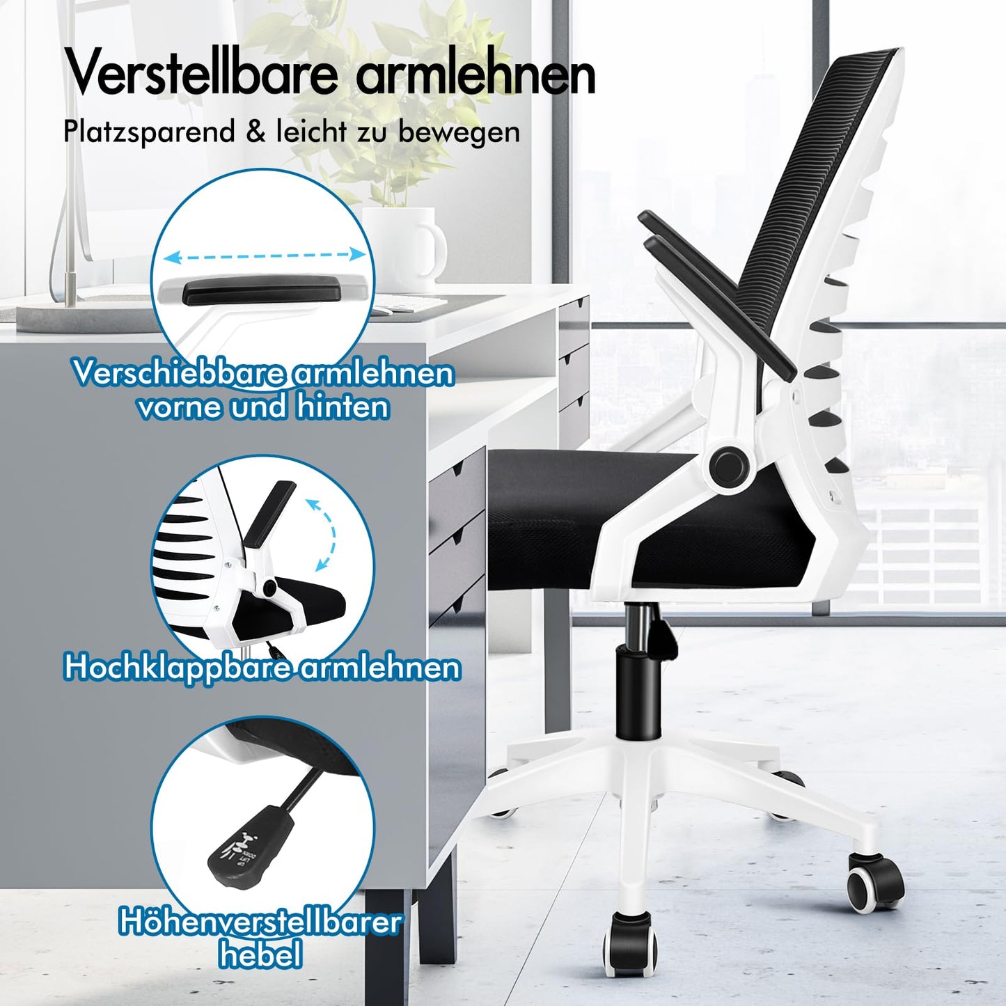 ALFORDSON Bürostuhl, Lendenstütze, Atmungsaktives Netz und Stoff, Hochklappbare/Verstellbare Armlehnen, Hochwertiger Schaumstoff, 180kg für Zuhause & Gaming, Wale, Schwarz