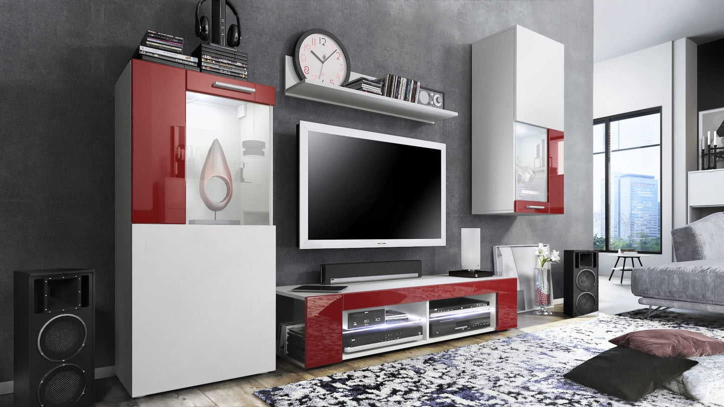 Vladon Wohnwand Movie, Anbauwand bestehend aus 1 TV-Board, 2 Vitrinen und 1 Regal, Weiß matt/Weiß matt/Weiß Hochglanz (Gesamt: 300 x 190 x 39 cm)