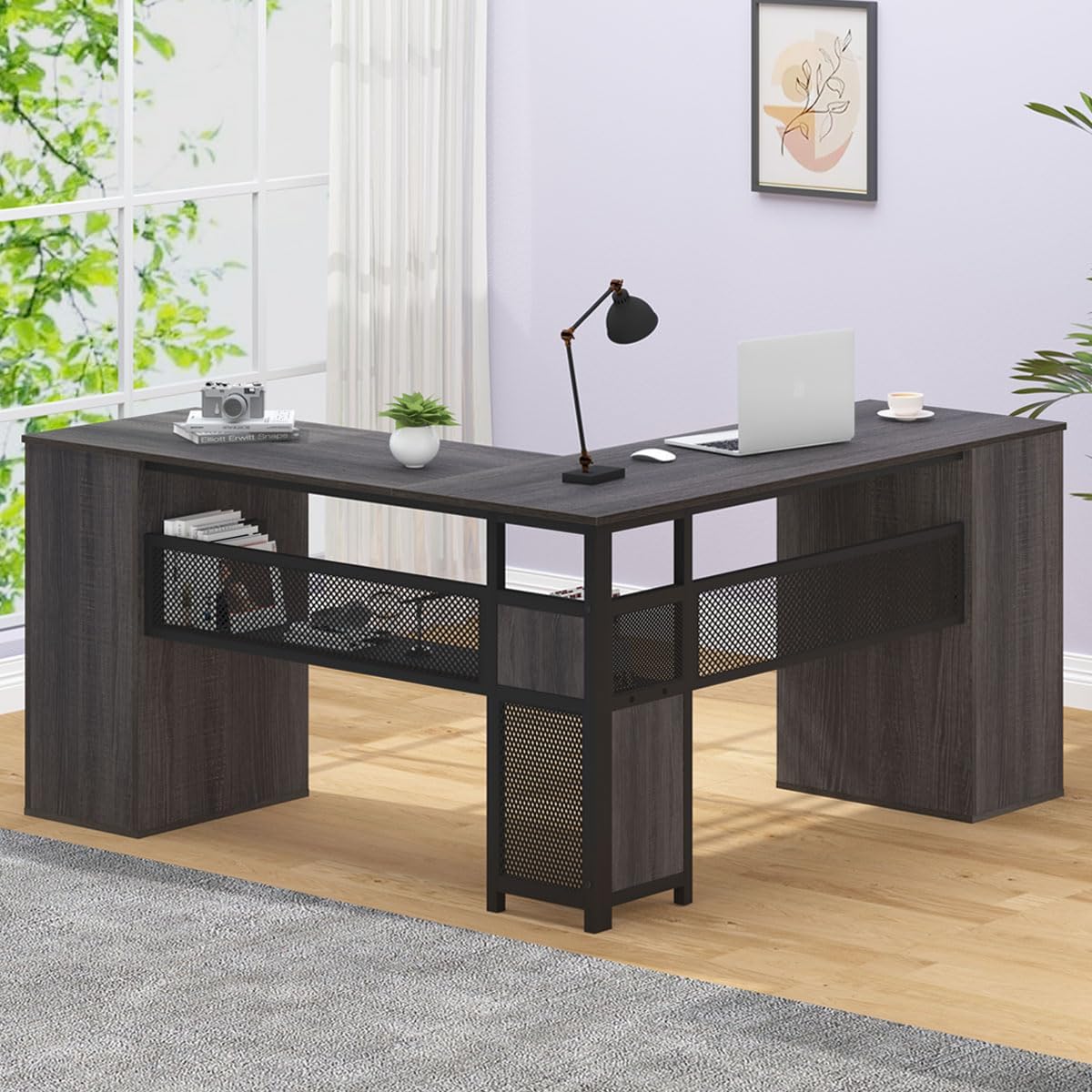 HSH - Black L Shape Corner Desk with Filing Drawers and Shelves, Reversible Corner Desk Made of Metal and Wood with Storage Cabinets