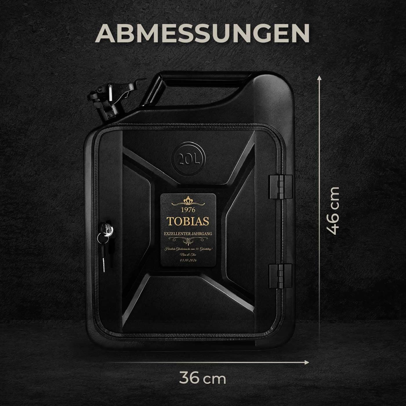 Maverton 20L Kanister Mini Bar mit Gravur - Jerrycan schwarzer Metall Mobile Bar - Geburtstagsgeschenk für Männer personalisierte Geschenke für Männer - Abschließbarer Minibar - Größe: 36x47x18cm