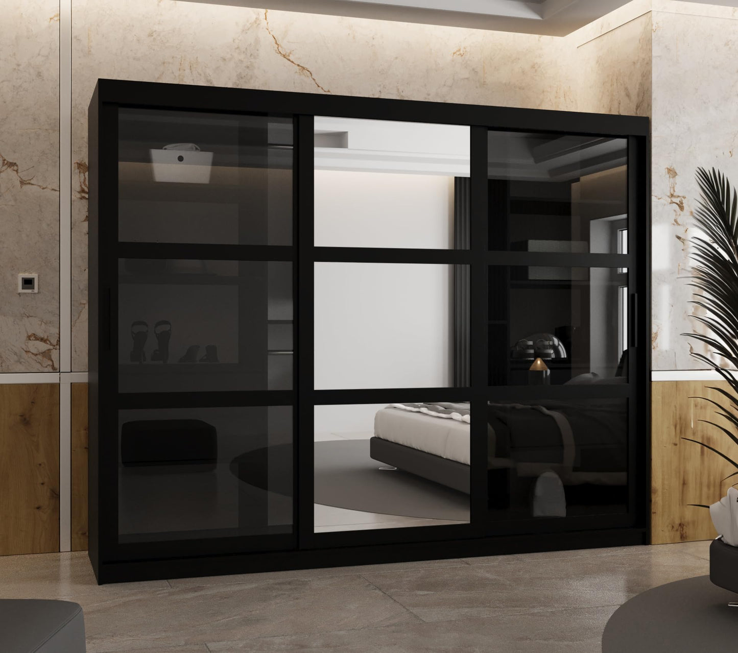 MEBLE KRYSPOL Dome 2 Schrank mit DREI Schiebetüren mit Spiegel, Stangen und Regalen - Aufbewahrungsschrank mit Rauchglas für Schlafzimmer, Wohnzimmer - 200x250x62cm - Schwarz, Schwarz, Schwarz