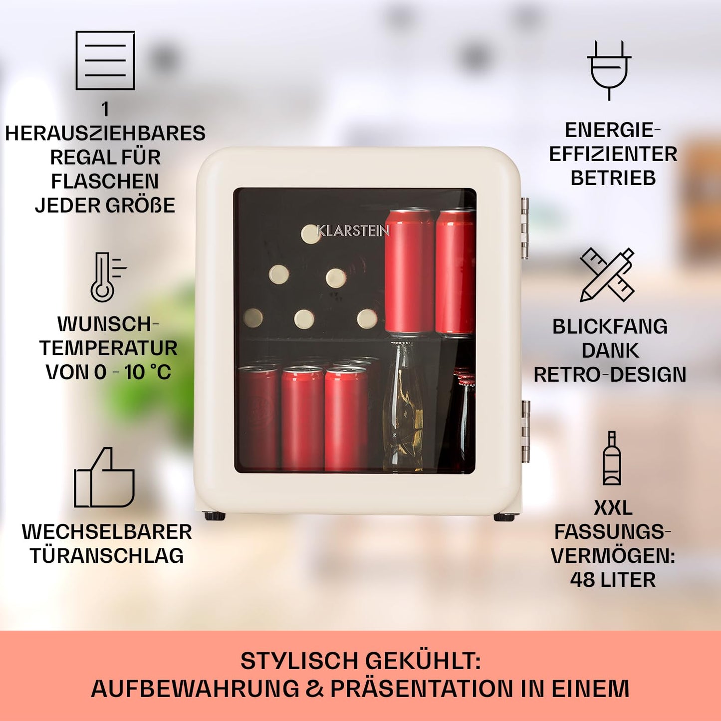 Klarstein PopLife Getränkekühler - Mini-Bar, Retrokühlschrank, 0-10°C, nur 39 dB, 115 L, umweltfreundlich, doppelt verglaste Tür, Retro-Design, rot