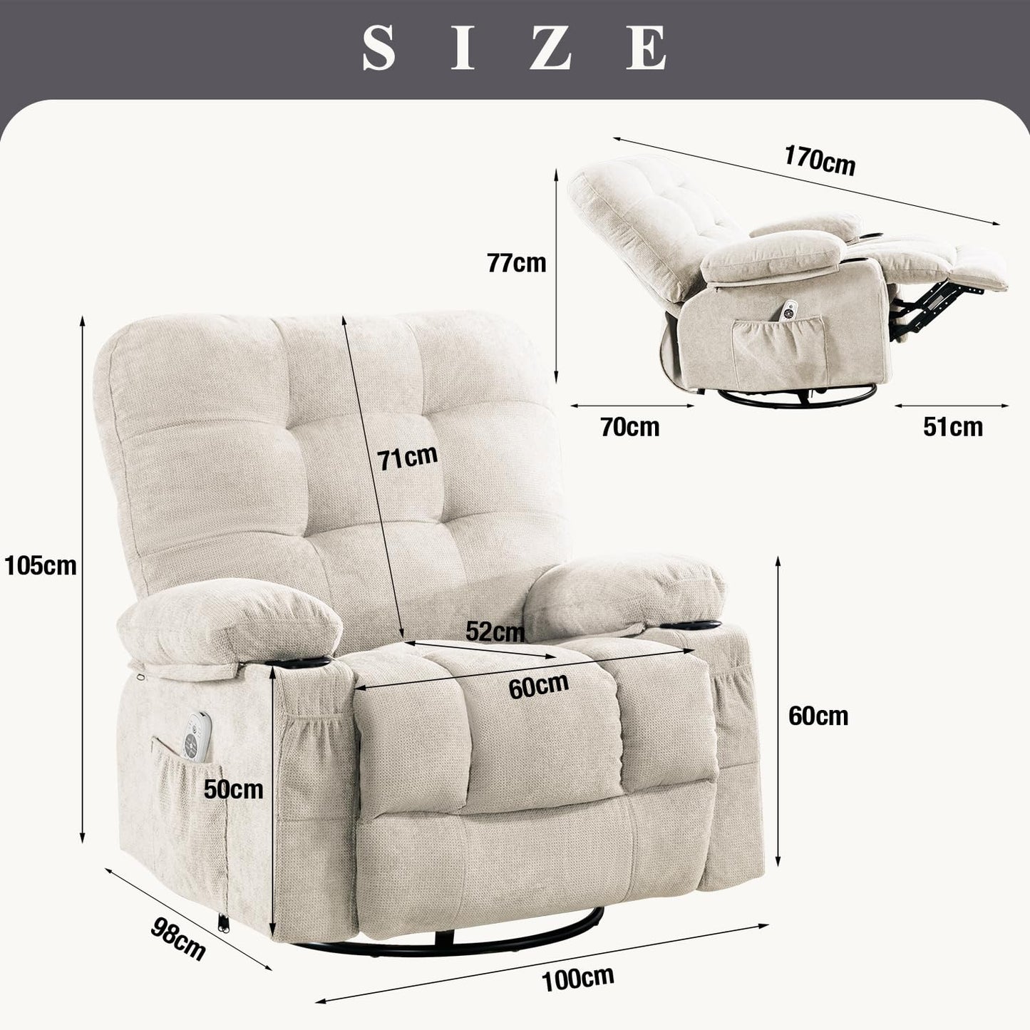 Bosmiller Relaxsessel mit Liegefunktion Massagesessel Oversize Fernsehsessel 360°Drehbarer Liegesessel Heizung Verstellbar Sessel Stoff