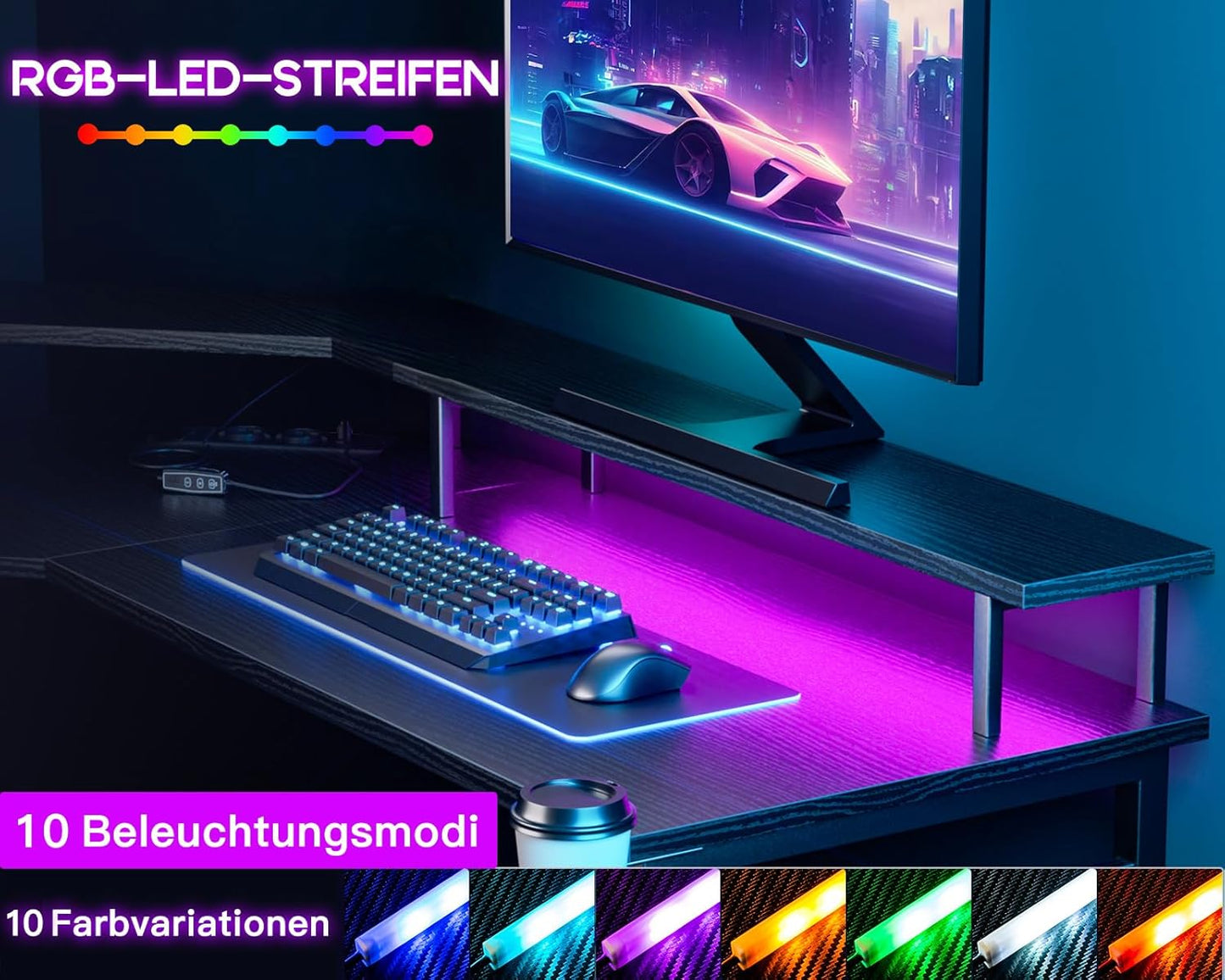 ODK Gaming Tisch mit LED, Gaming Schreibtisch mit 2 Steckdosen und 2 USB Ladeanschluss, PC Tisch Gaming mit großzügiger Monitorablage, Gamer Schreibtisch in Kohlefaser Weiß, 129x129 cm