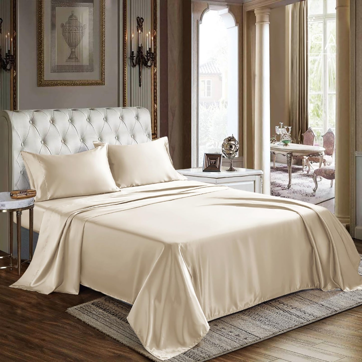 CozyLux Satin Sheets Queen Size - 4 Piece Black Bed Sheet Set with Silky Microfiber, 1 Deep Pocket Fitted Sheet, 1 Flat Sheet, and 2 Pillowcases - Smooth and Soft