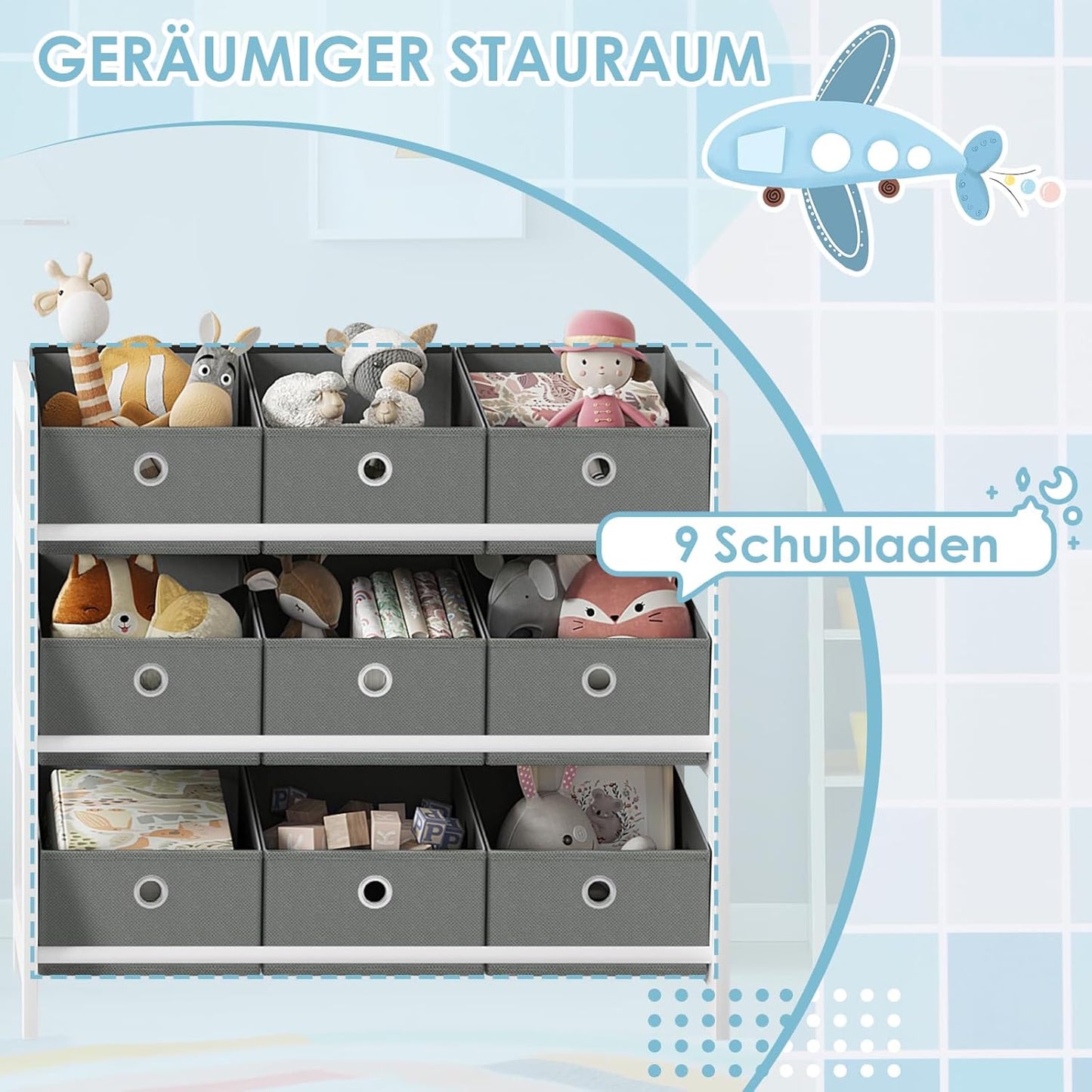 Lestarain Children's Shelf with 9 Boxes, Children's Bookcase, Toy Storage, Montessori Toy Shelf, Children's Room, Playroom, Nursery, 63.5 x 58 x 29.5 cm, Wood, White Grey