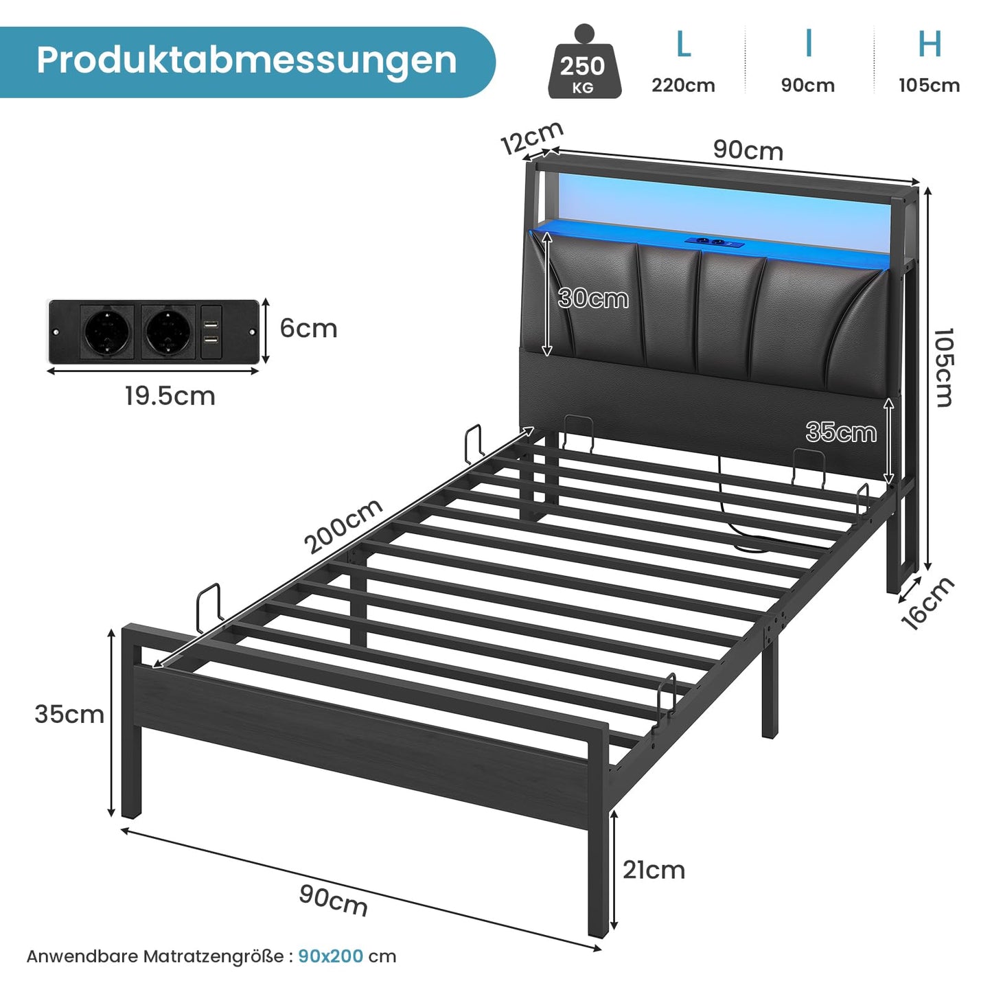 Brinlawb Bed 140 x 200 cm with Metal Slatted Frame, Bed Frame 140 x 200 cm with LED Lighting, Metal Bed 140 x 200 cm with Headboard and Charging Station (2 AC Sockets, 2 USB Ports), Youth Bed, Double