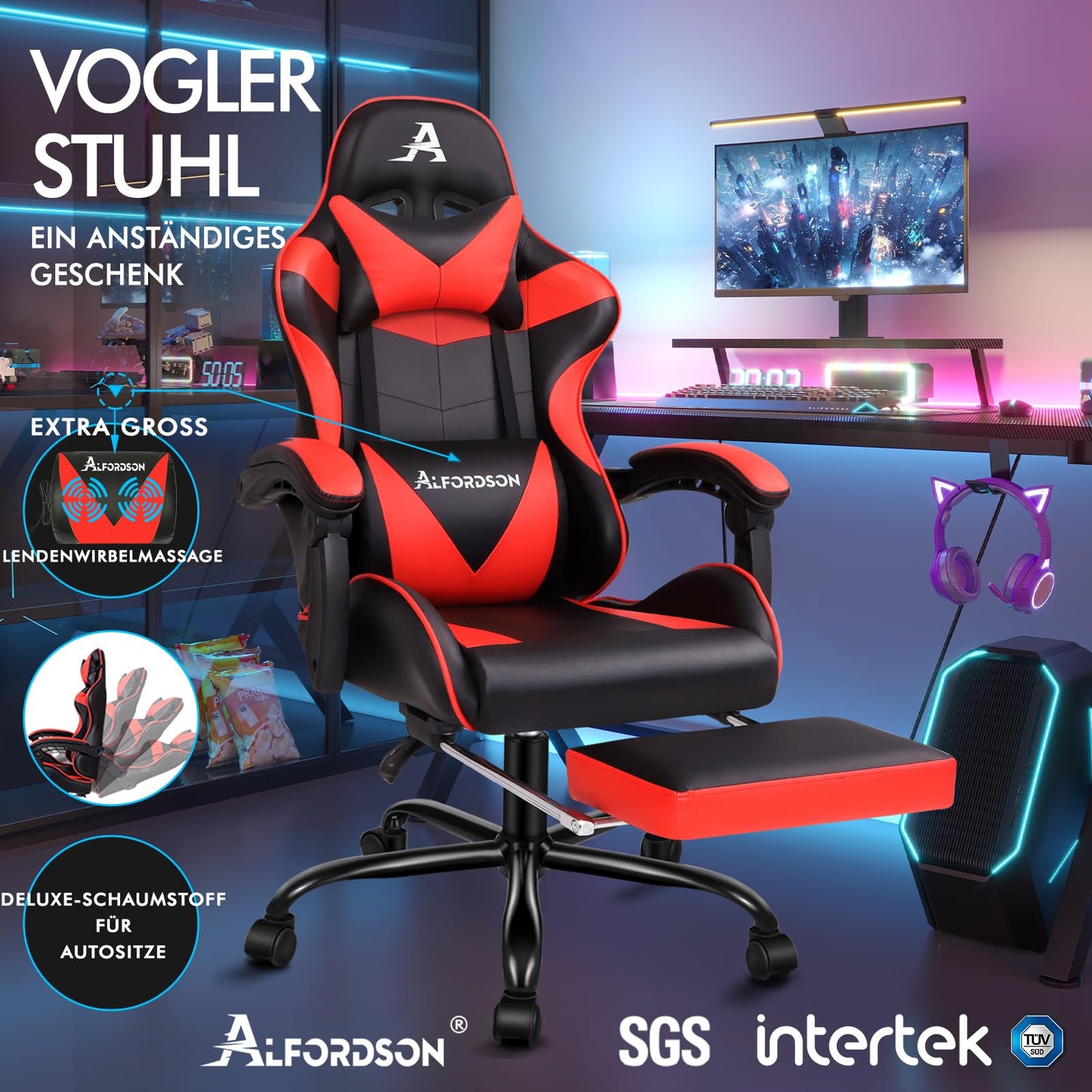 ALFORDSON Videospielstuhl, ergonomischer Bürostuhl, Massage-Rennstuhl, einziehbare Fußstütze, PU-Leder, höhenverstellbar und neigbar, 180 kg Tragkraft, Schwarz