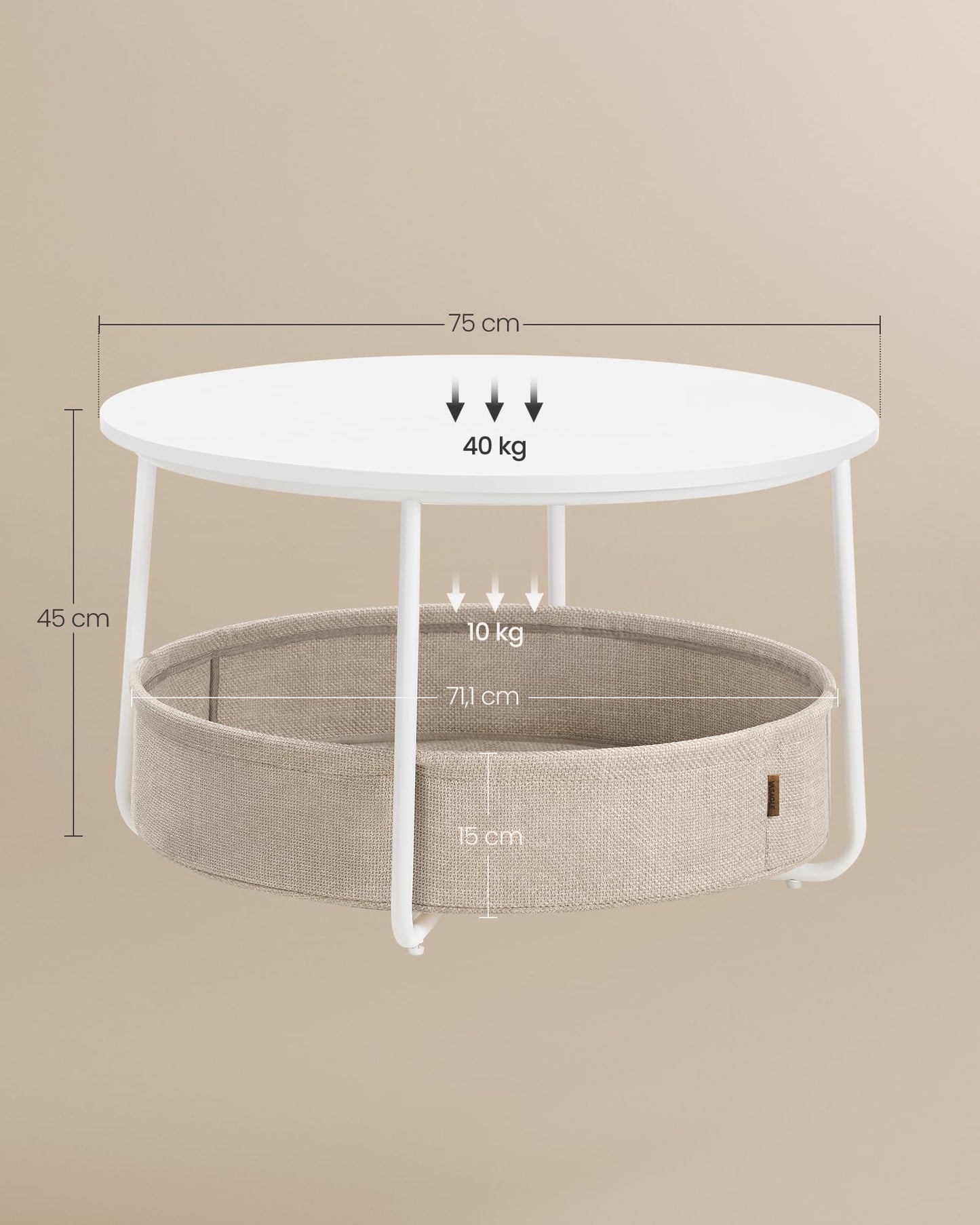 VASAGLE LCT244W10 Round Coffee Table with Storage Space Side Table Living Room Table with Fabric Basket Modern Metal Frame Matt White Camel Brown