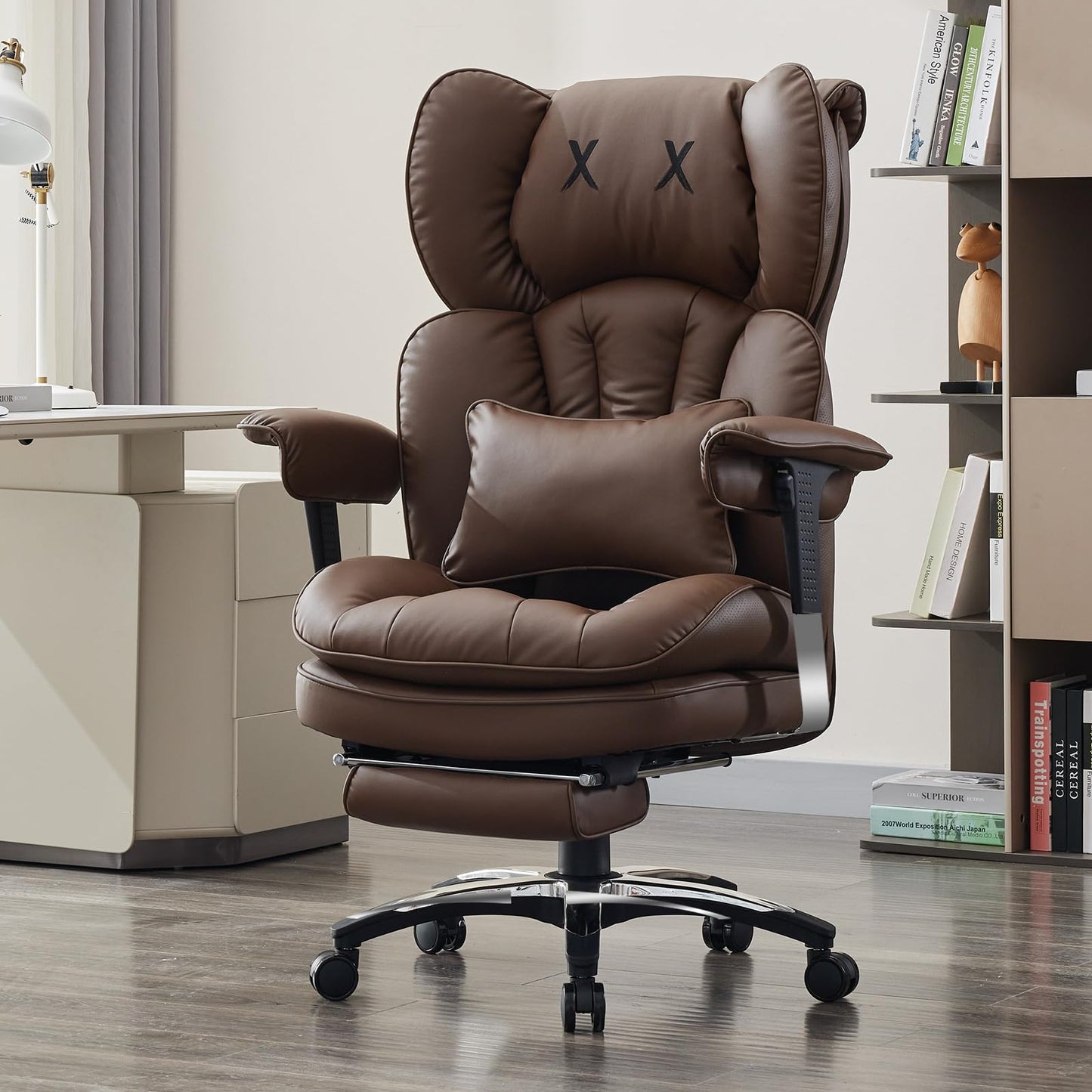 Efomao Bürostuhl, X-Stickerei Big and Tall Stuhl aus PU Leder für Zuhause, Verstellbarer Hochlehner Computer Gaming Stuhl, 200 kg drehbarer Chefsessel mit Fußstütze und Lendenwirbelstütze, Weiß