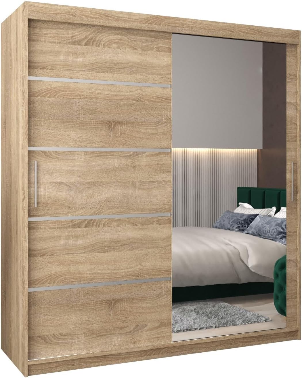 MEBLE KRYSPOL Kleiderschrank mit Spiegel Verona 2 - Garderobenschrank - Schrank Schlafzimmer - Mehrzweckschrank DREI Schiebetüren - Regalen - Flur Möbel - Kleiderstange Schrank - Allzweckschrank