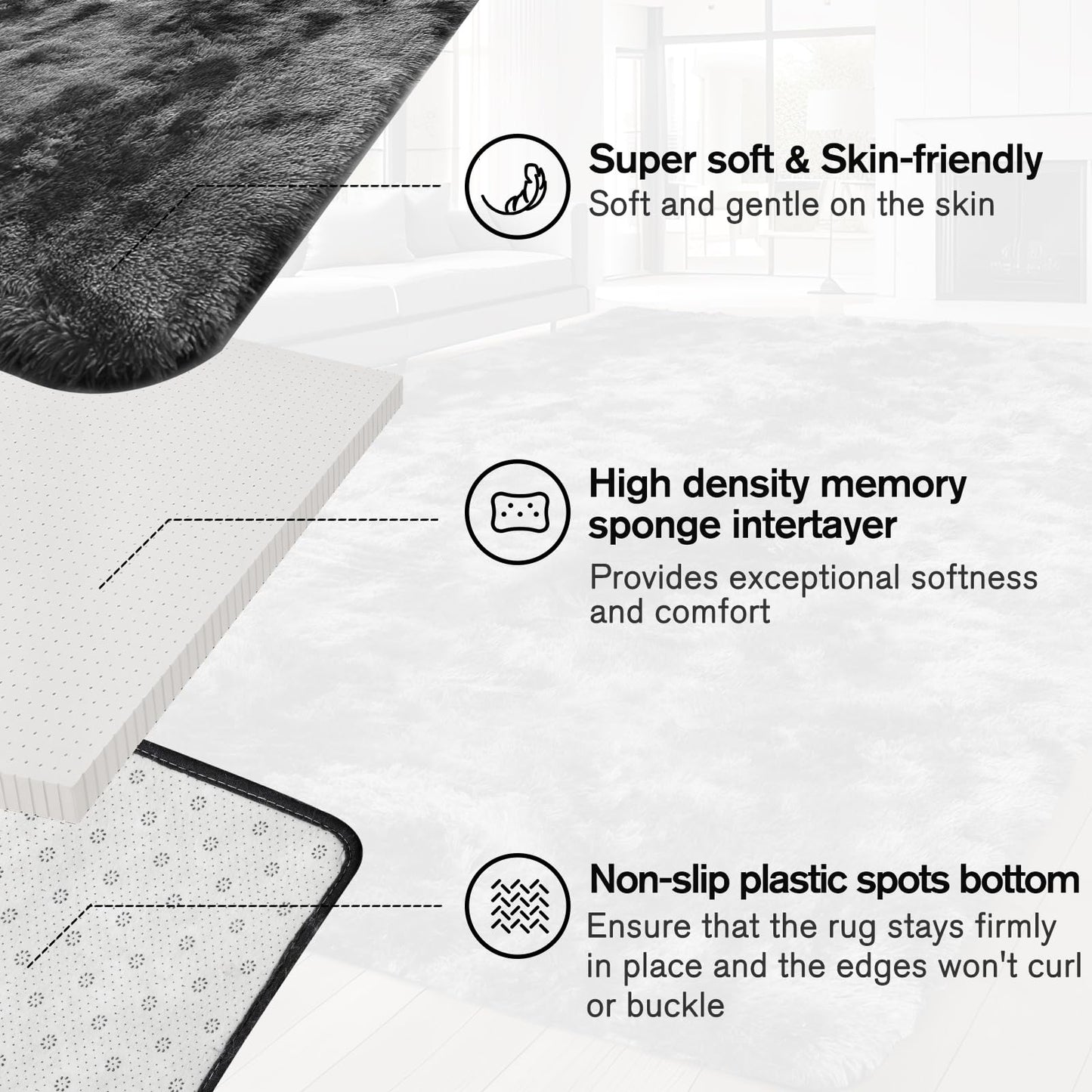ZRSDIXKI Living Room Rugs 160 x 230 cm, Extra Large Shaggy Soft Rug, Fluffy Area Carpet, Modern Tie-dye Carpet, Washable Rugs for Home Decor, Bedroom, Dorm, Kids Room Lounge Office, Dark Grey