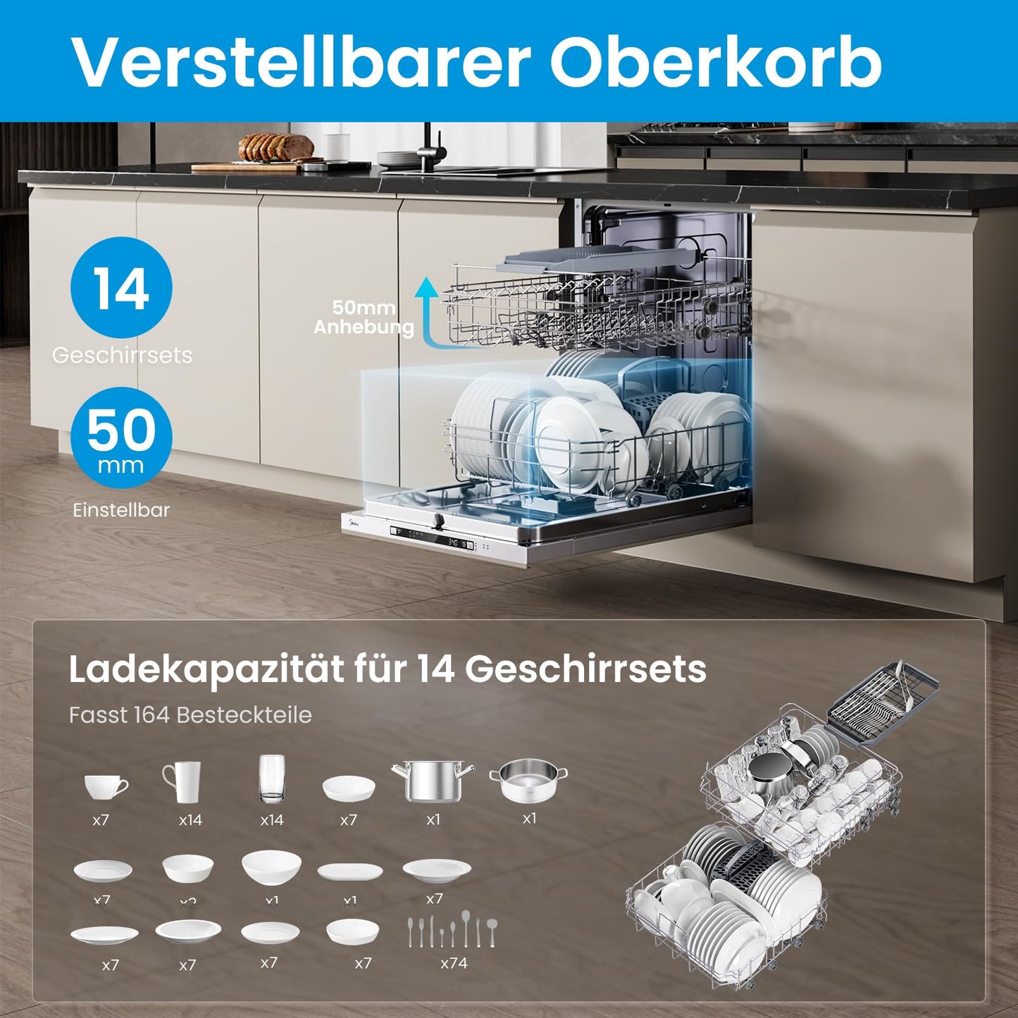 Midea SF 5.60NW14C Dishwasher 60 cm Freestanding & Undermountable, 14 MGD, Hygiene Care +, Zone Wash, 7 Programmes, Dishwasher 60 cm with WiFi, Start Delay, Automatic Door Opening, 44 dB