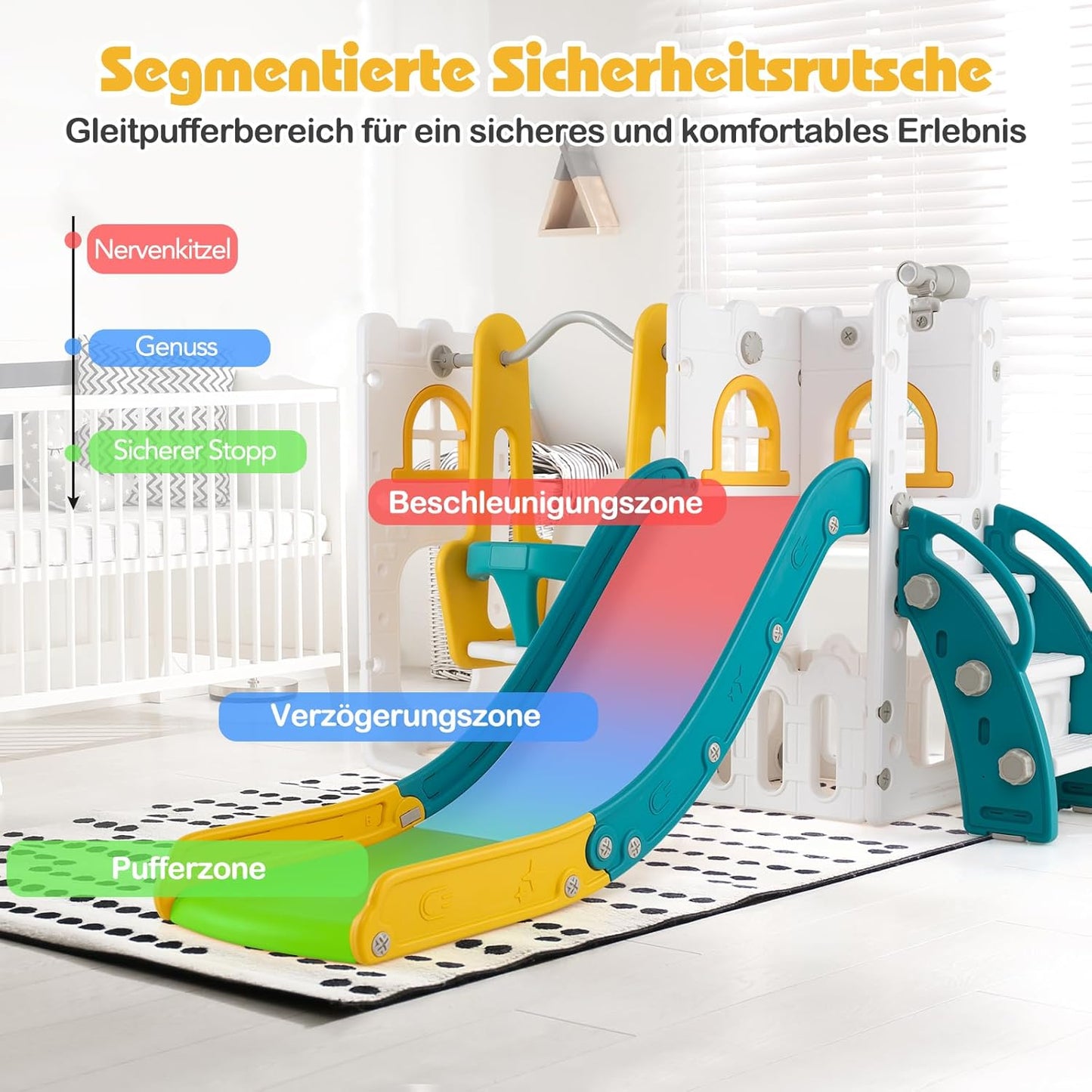GOPLUS 7 in 1 Kinderrutsche, Kinderrutsche und Kletterspielset mit Leiter, Basketballkorb, Schaukel, Teleskop, Stauraum & rutschfeste Pedale, Indoor Spielplatz für Kinder von 1-3 Jahren (Gelb+Grün)