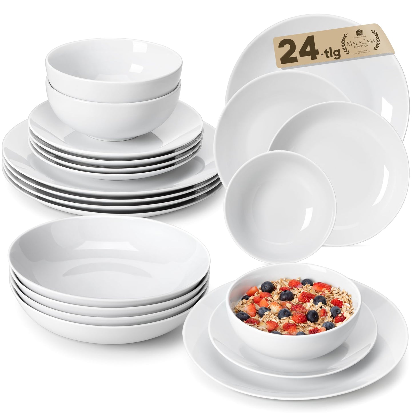 MALACASA Geschirrset 6 Personen, Amelia 24-tlg Modernes Porzellan Geschirr Set, Tafelservice mit je 6 Speiseteller, Dessertteller, Suppenteller und Müslischalen, Teller Set 6 Personen - Weiß