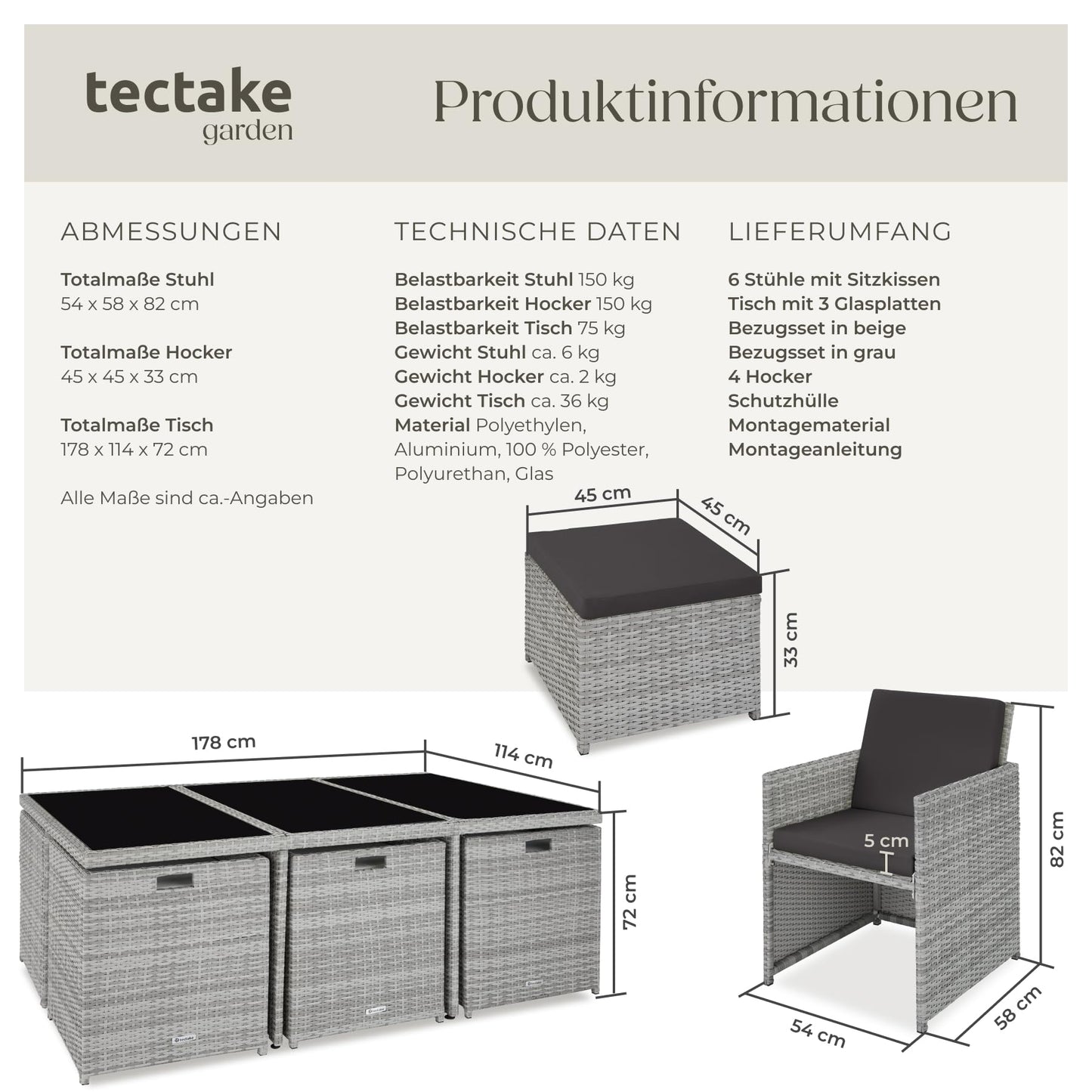 tectake Polyrattan Gartenmöbel Set, Sitzgruppe mit 6 Stühle +1 Glasplatte Tisch + 4 Hocker, Gartenlounge Set klappbar, für bis zu 10 Personen, Balkon Möbel, inkl. 2 Bezugsset - Natur