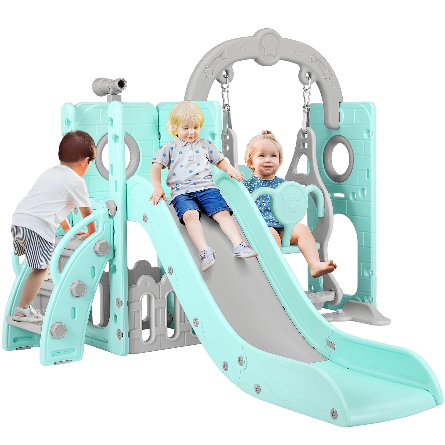 Swing Slide, 5-in-1 Children's Slide with Swing, Climbing Frame, Telescope, Storage, Indoor and Outdoor Freestanding Slide, Playground for Toddlers, for Max 60 kg from 1-6 Years, 2 Pieces Modules